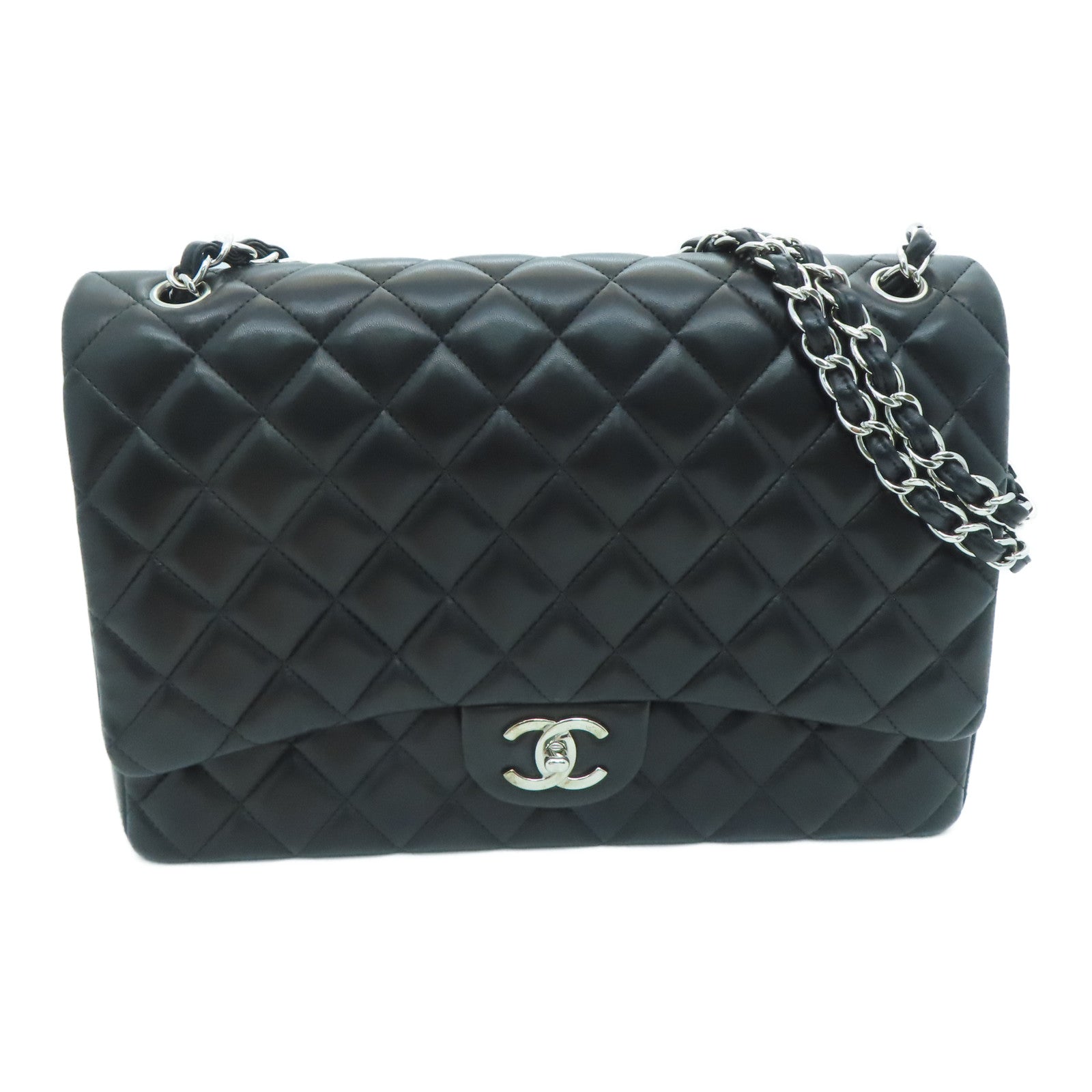 CHANEL 菱格羊皮皮革Classic Maxi Jumbo銀扣肩背袋黑色