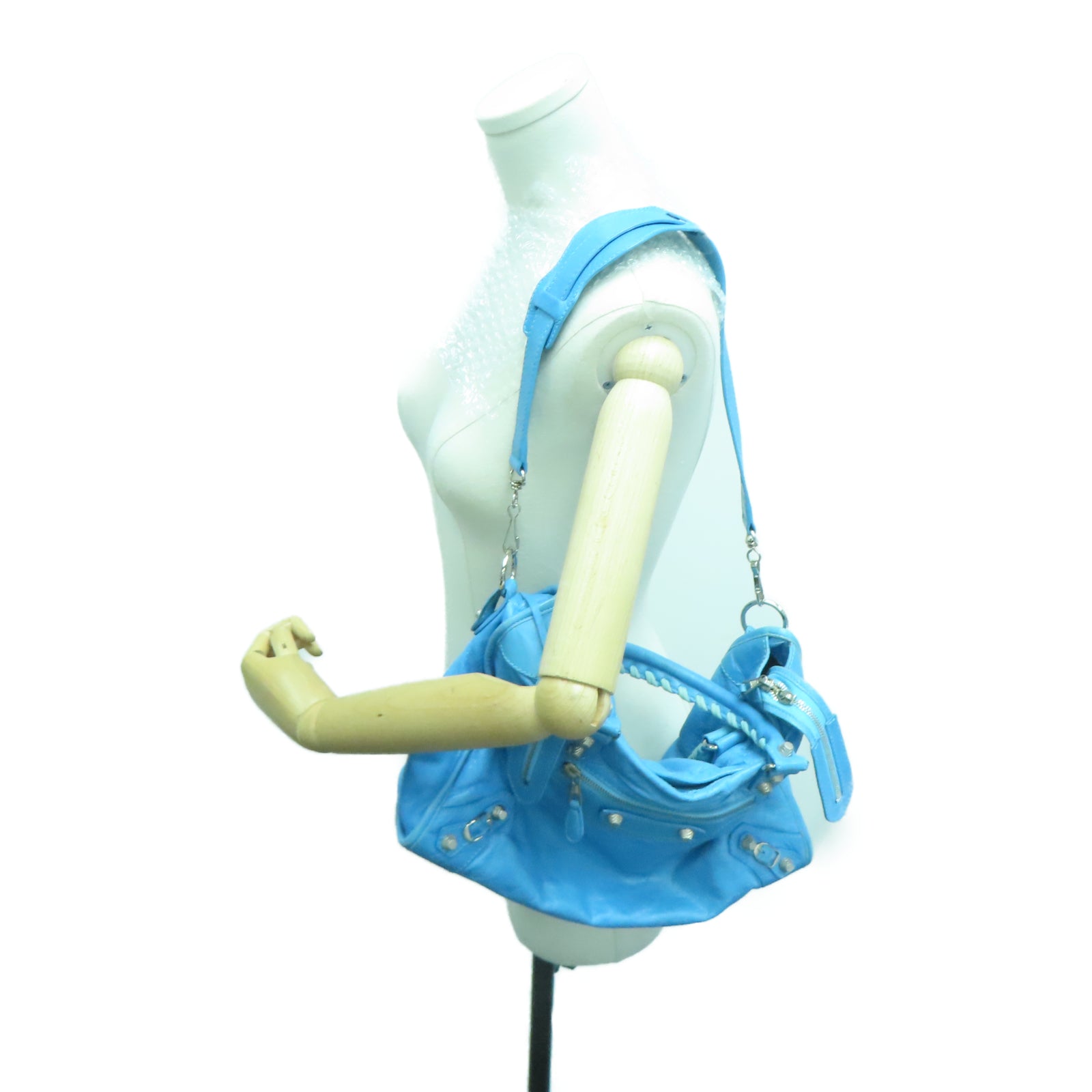 BALENCIAGA 牛皮皮革Shoulder Bag银扣手挽肩背两用袋蓝色