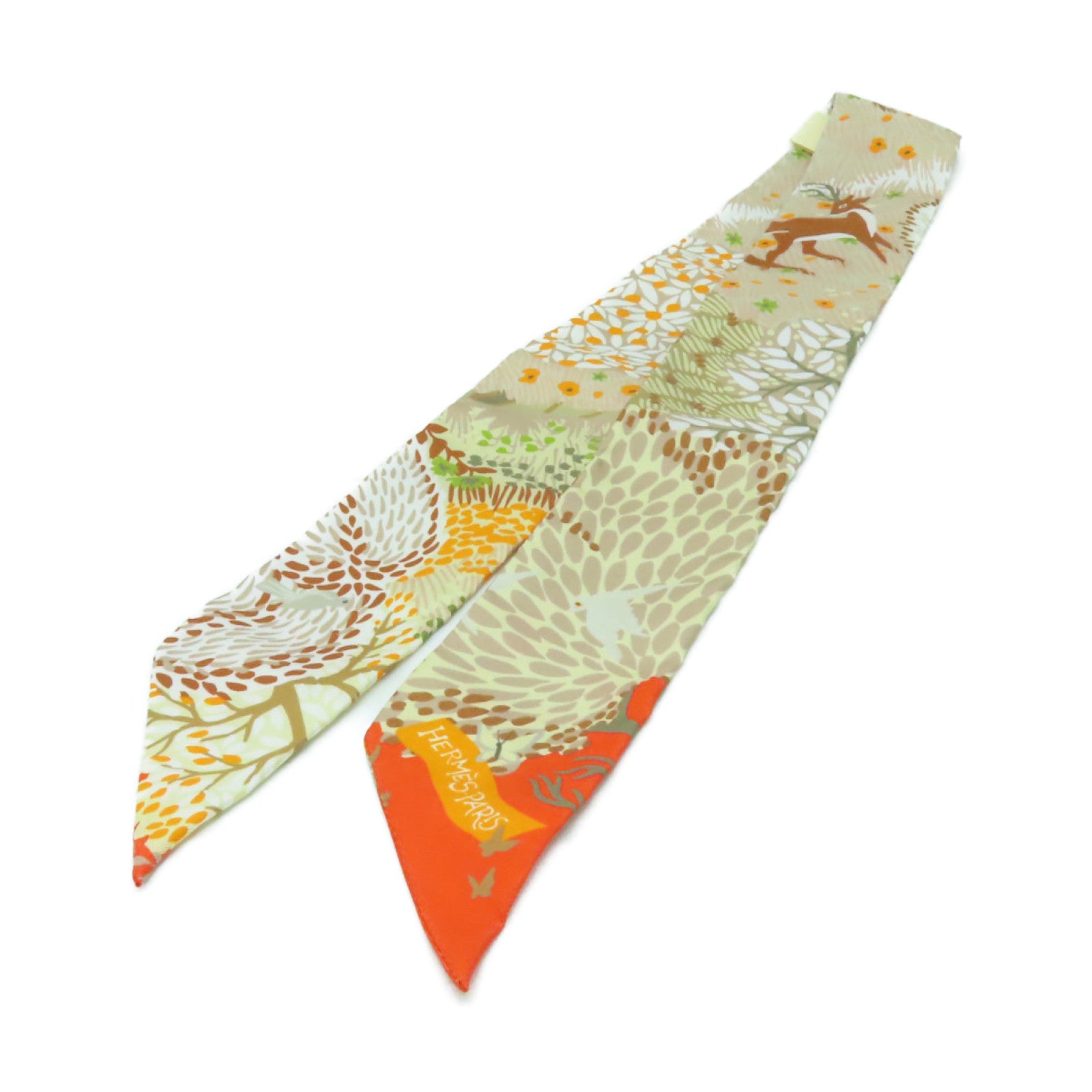 HERMES 絲質Twilly絲巾米色/橙色
