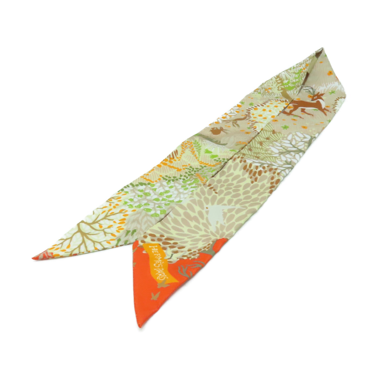 HERMES 絲質Twilly絲巾米色/橙色