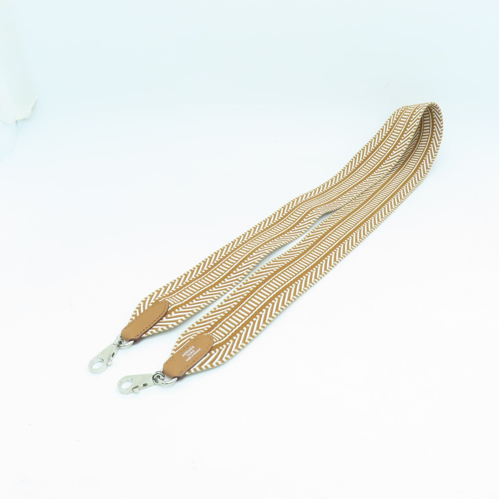 HERMES Canvas Strap Silver Buckle Charm Gold Brown