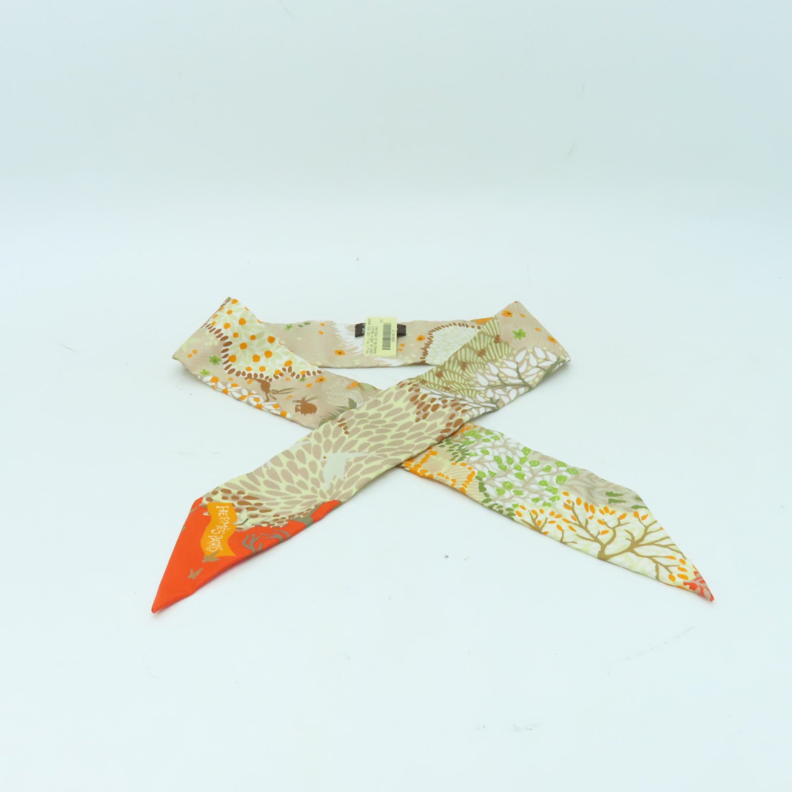 HERMES 絲質Twilly絲巾米色/橙色