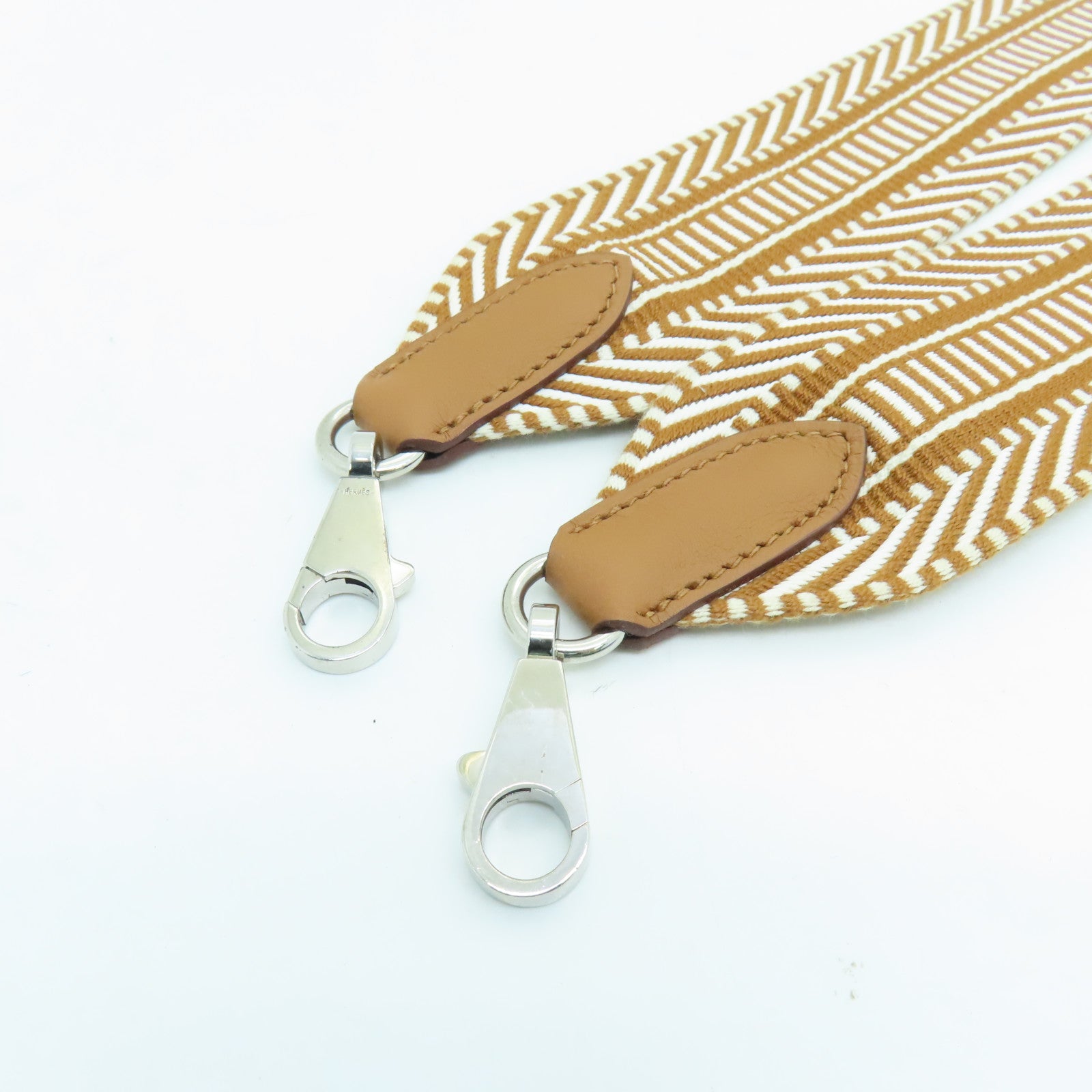 HERMES Canvas Strap Silver Buckle Charm Gold Brown