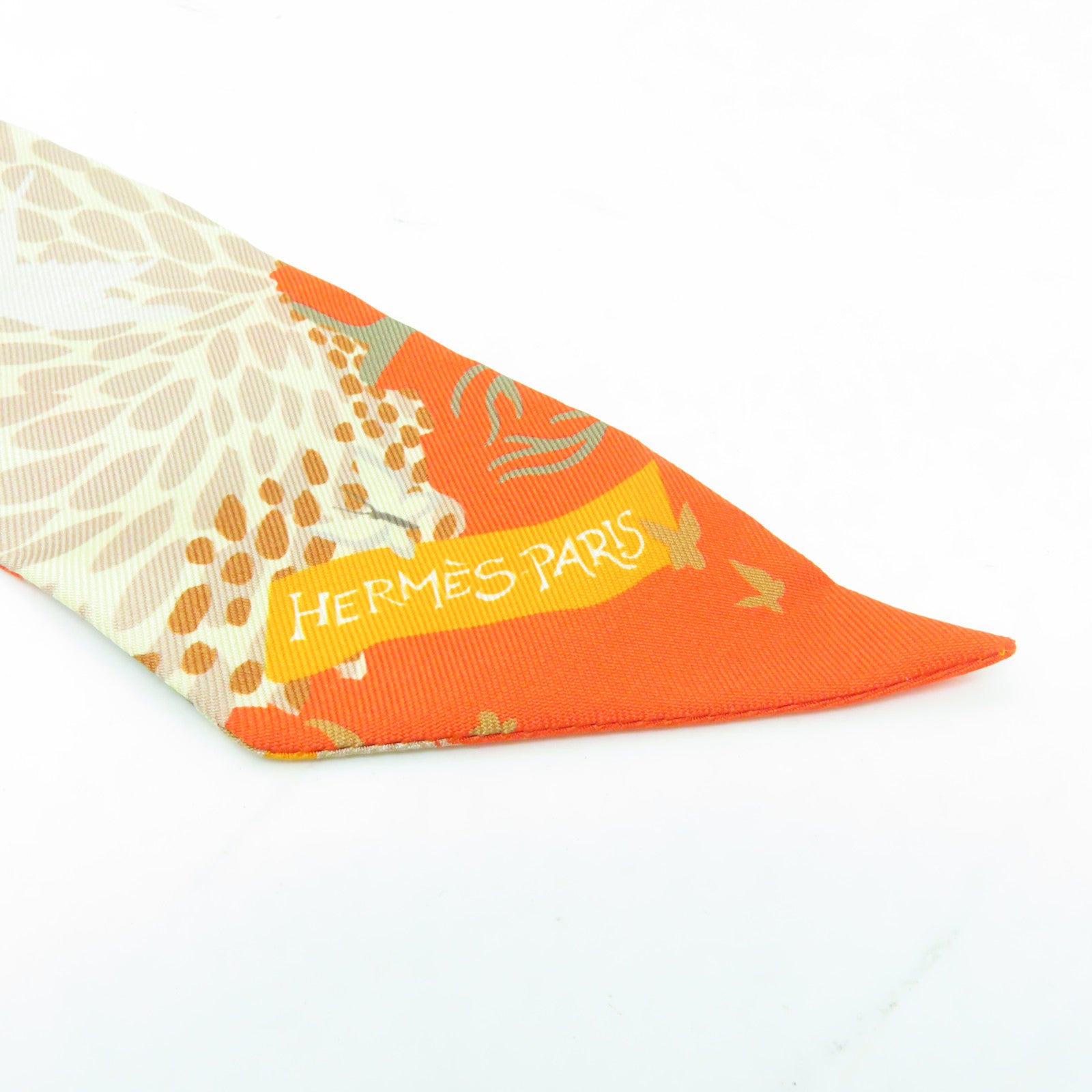HERMES 絲質Twilly絲巾米色/橙色