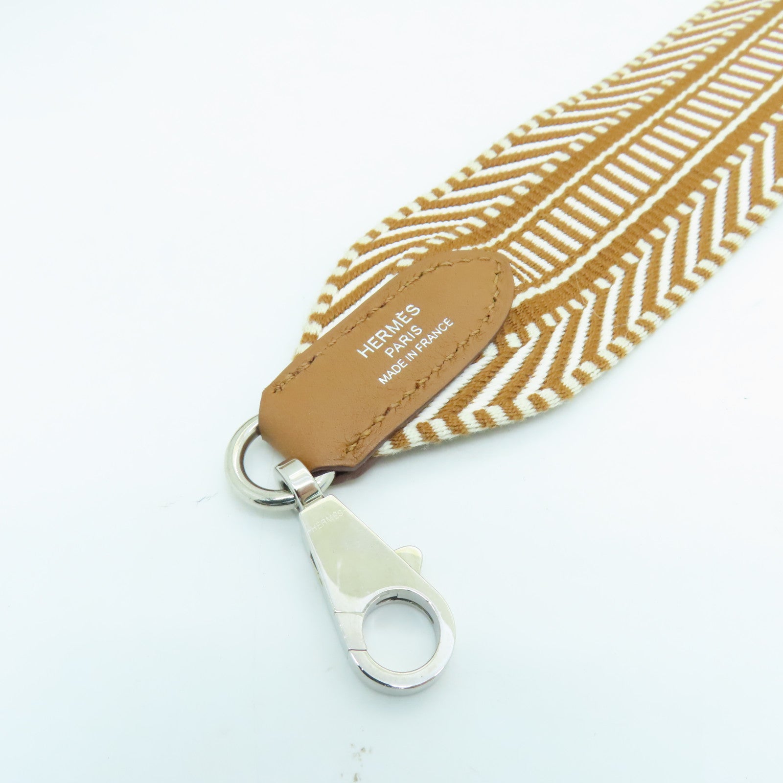 HERMES Canvas Strap Silver Buckle Charm Gold Brown
