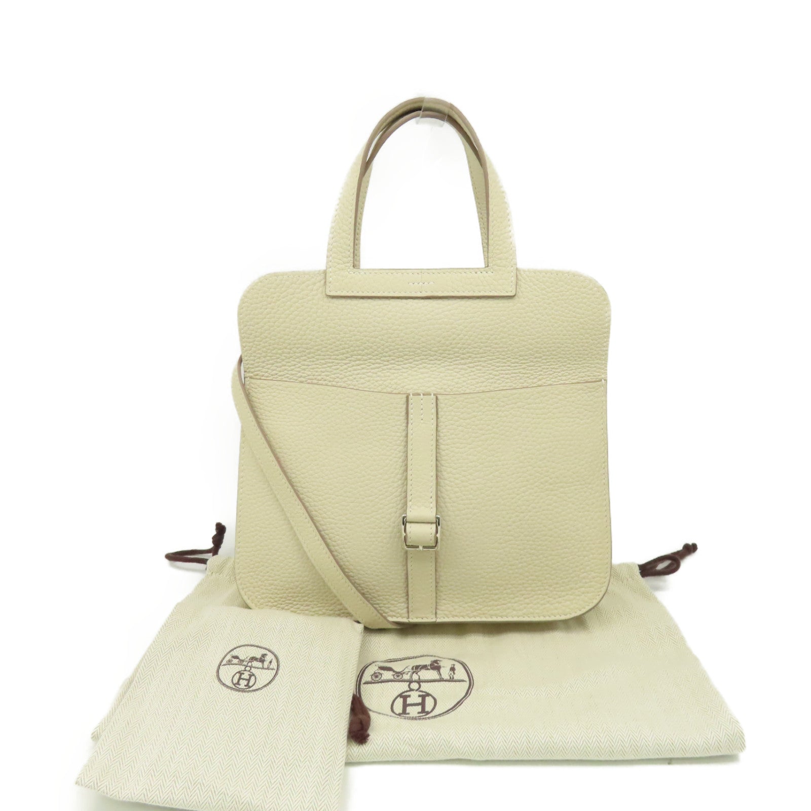 HERMES Clemence皮革Halzan 25 2Way Shoulder Bag銀扣手挽肩背兩用袋Craie奶昔白色