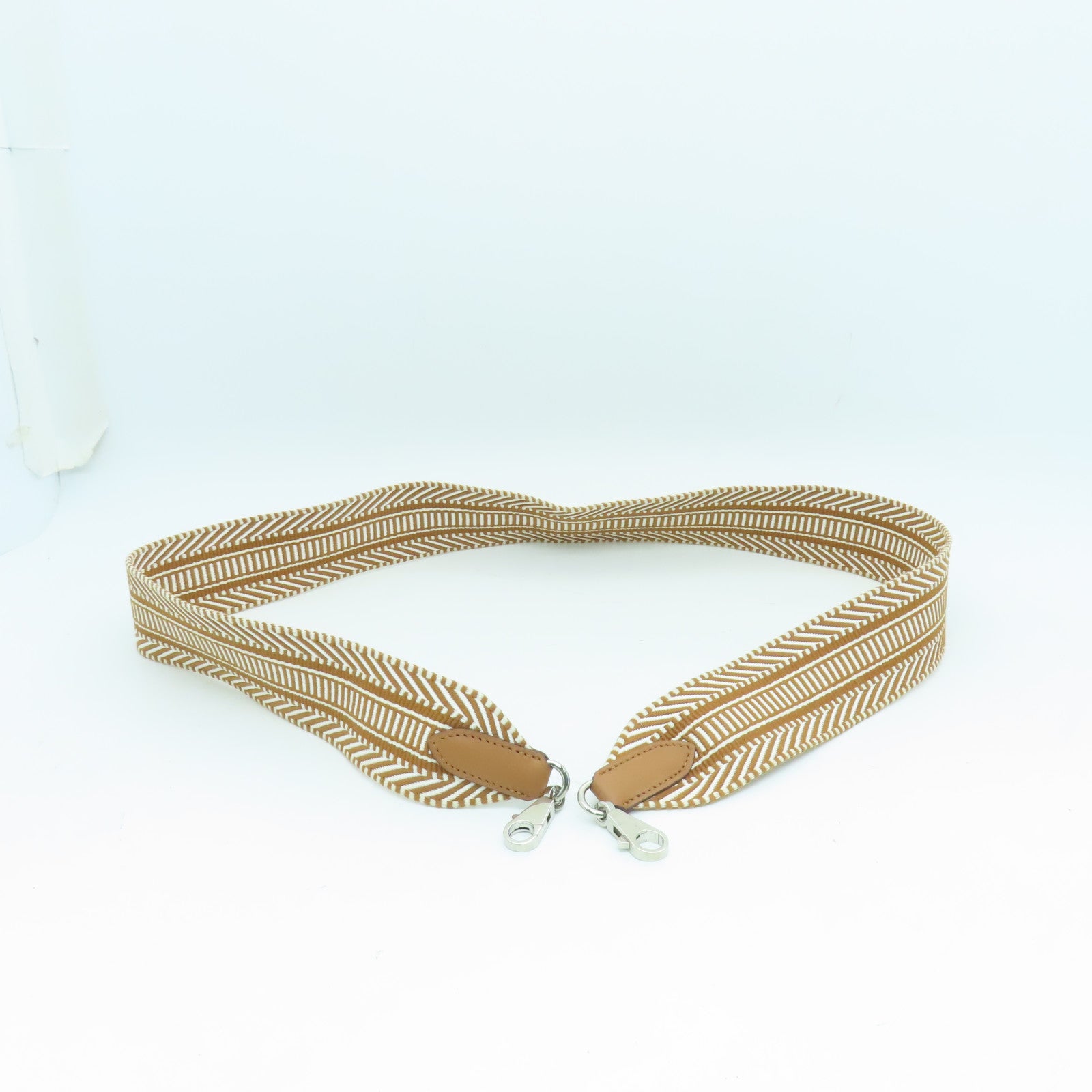 HERMES Canvas Strap Silver Buckle Charm Gold Brown