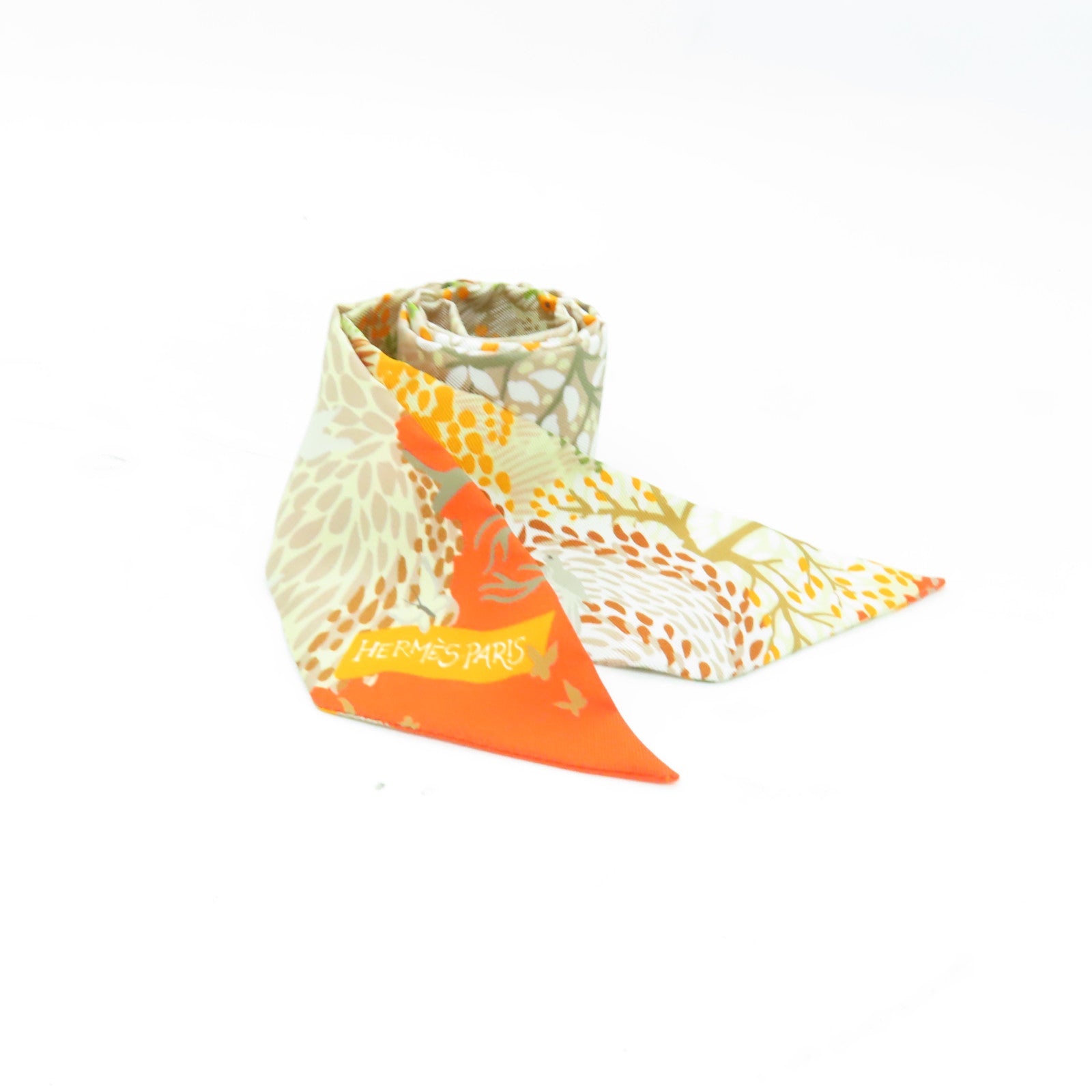 HERMES 絲質Twilly絲巾米色/橙色