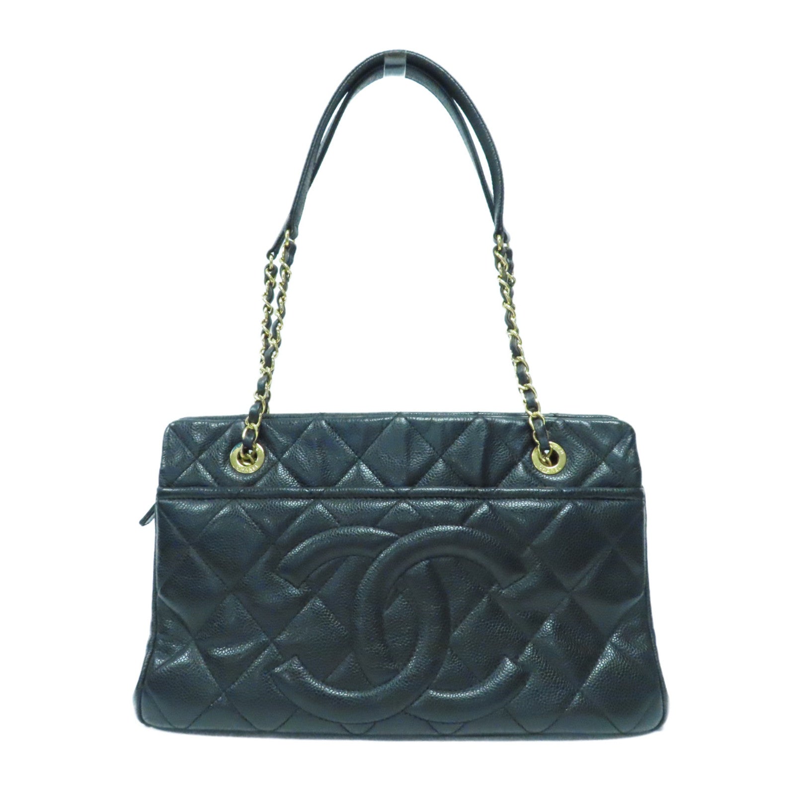 CHANEL 菱格Caviar皮革Tote Bag金扣鏈帶肩背袋黑色