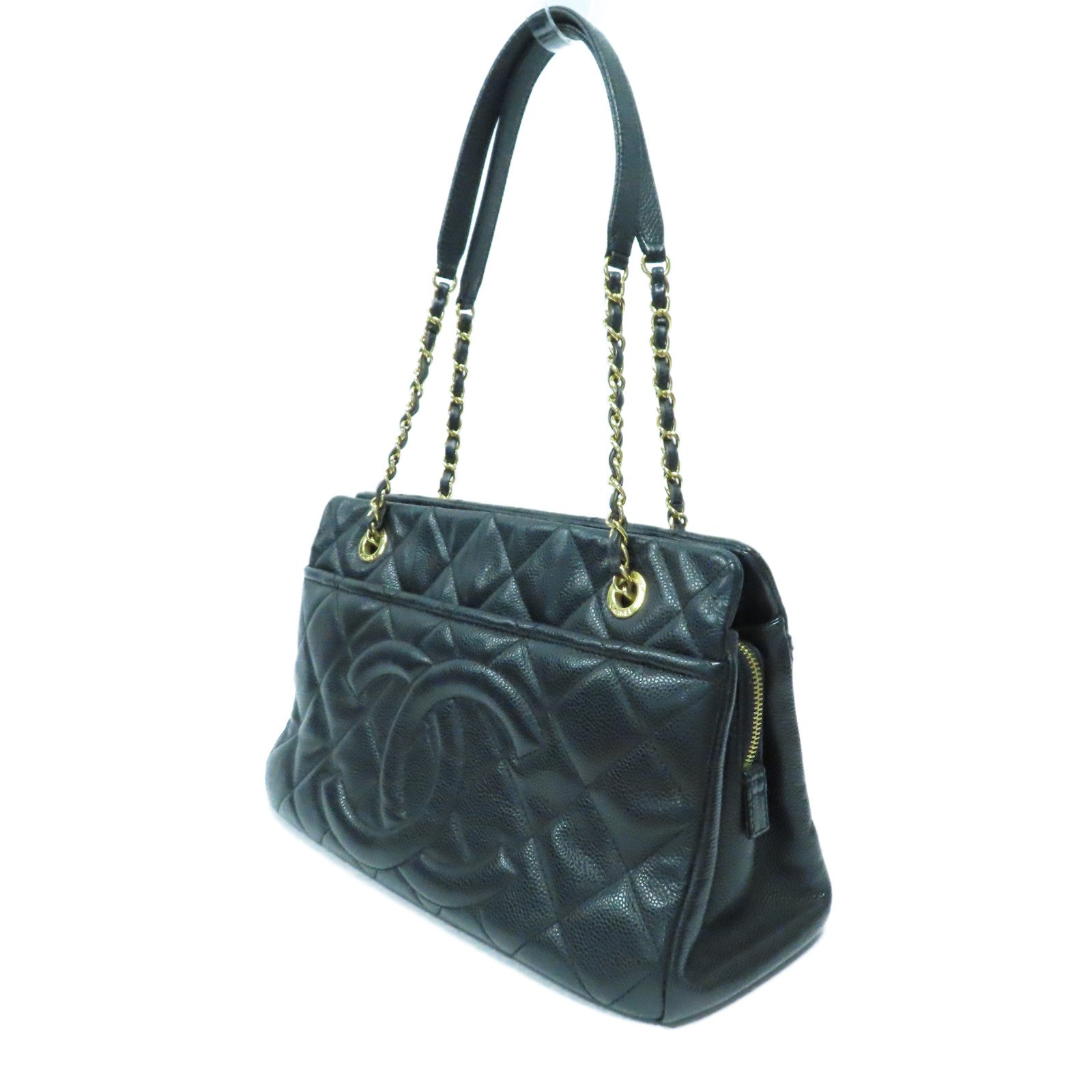 CHANEL 菱格Caviar皮革Tote Bag金扣鏈帶肩背袋黑色