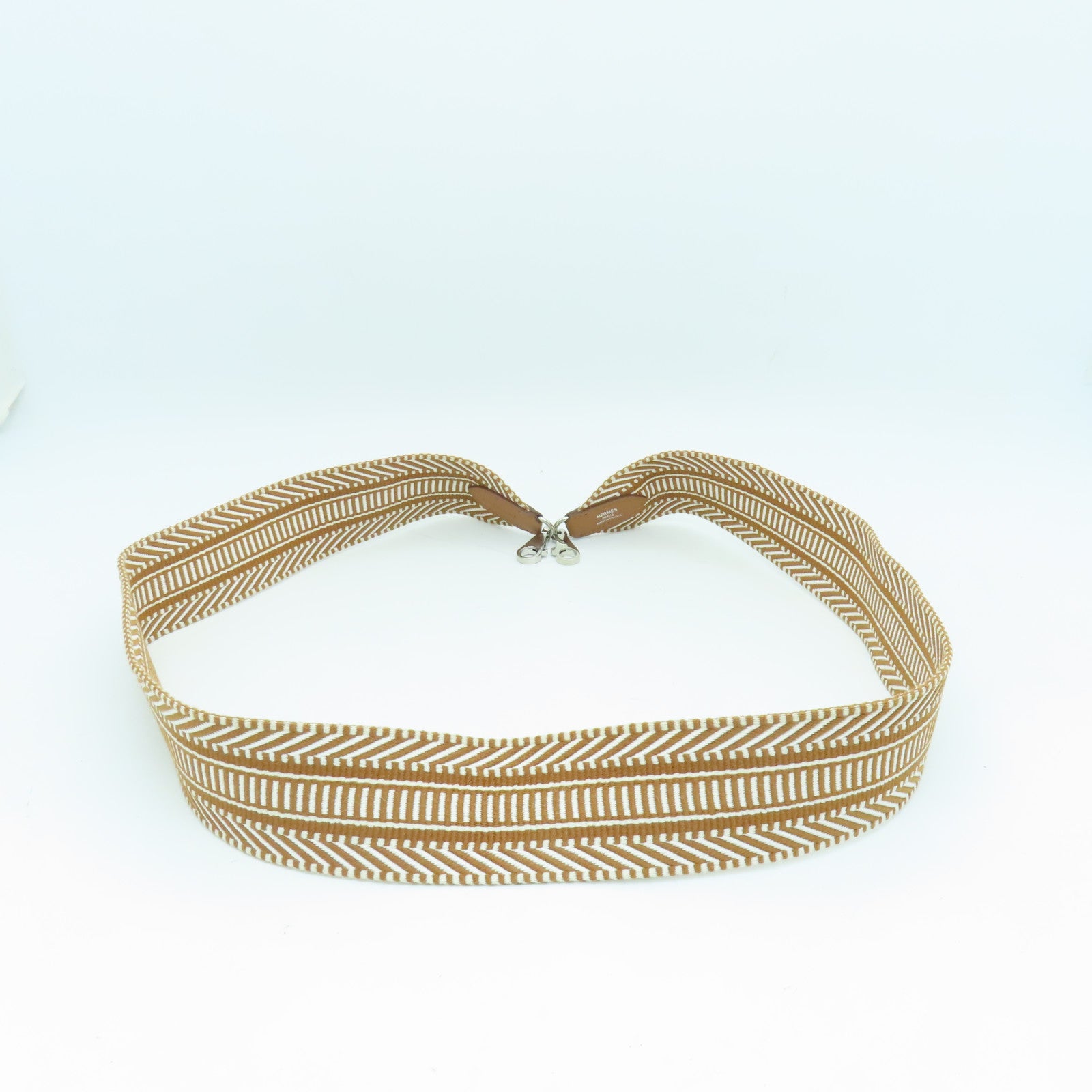 HERMES Canvas Strap Silver Buckle Charm Gold Brown