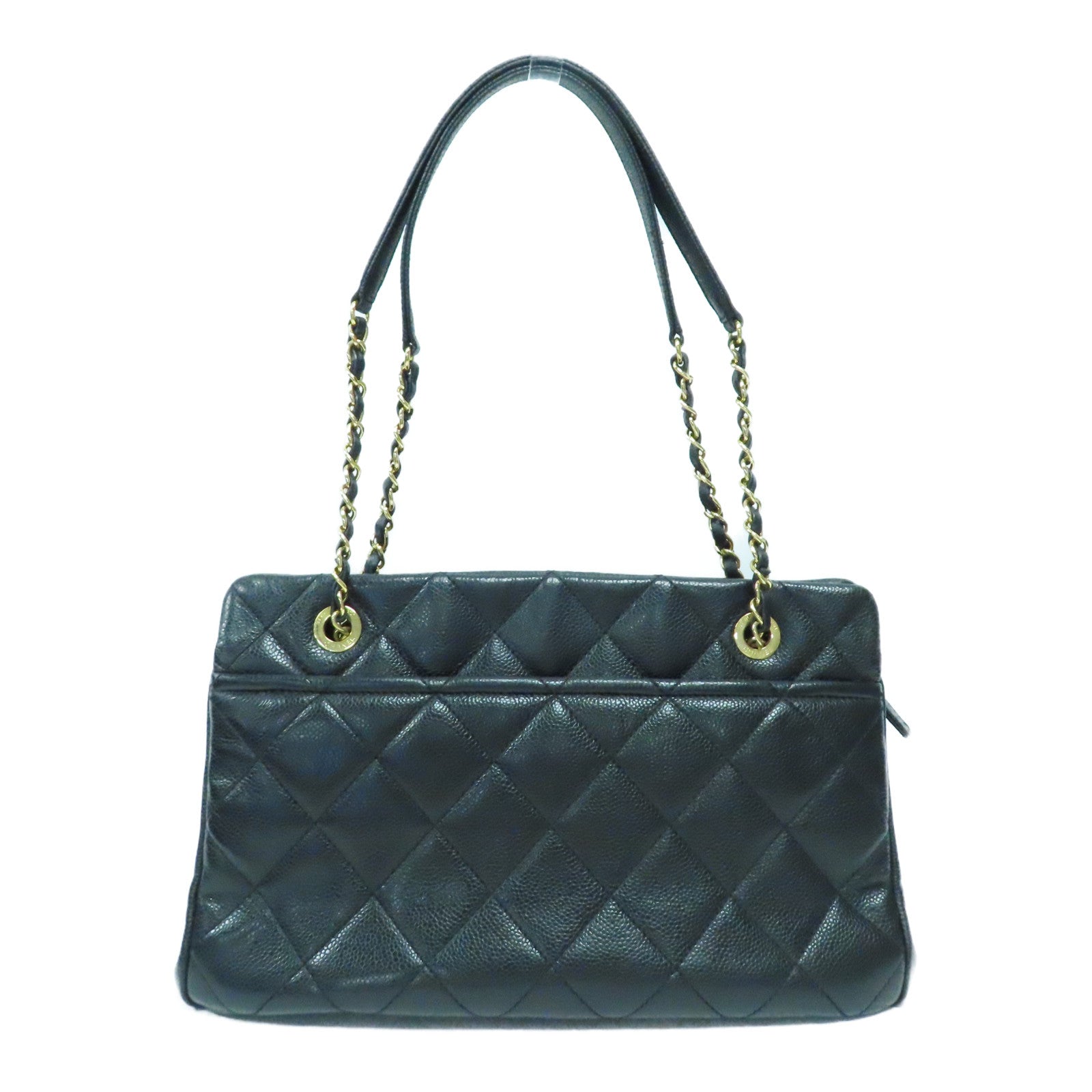 CHANEL 菱格Caviar皮革Tote Bag金扣鏈帶肩背袋黑色