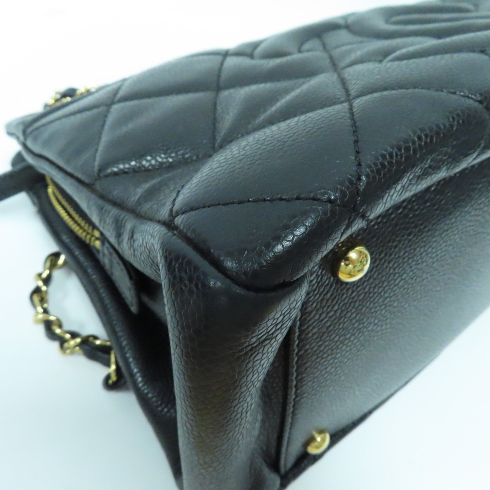 CHANEL 菱格Caviar皮革Tote Bag金扣鏈帶肩背袋黑色