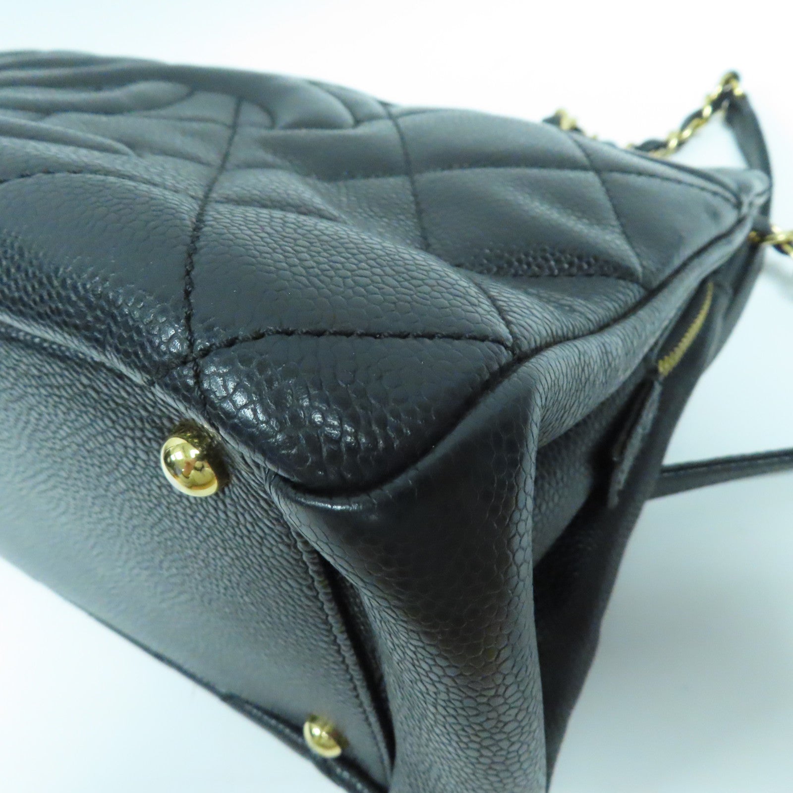 CHANEL 菱格Caviar皮革Tote Bag金扣鏈帶肩背袋黑色