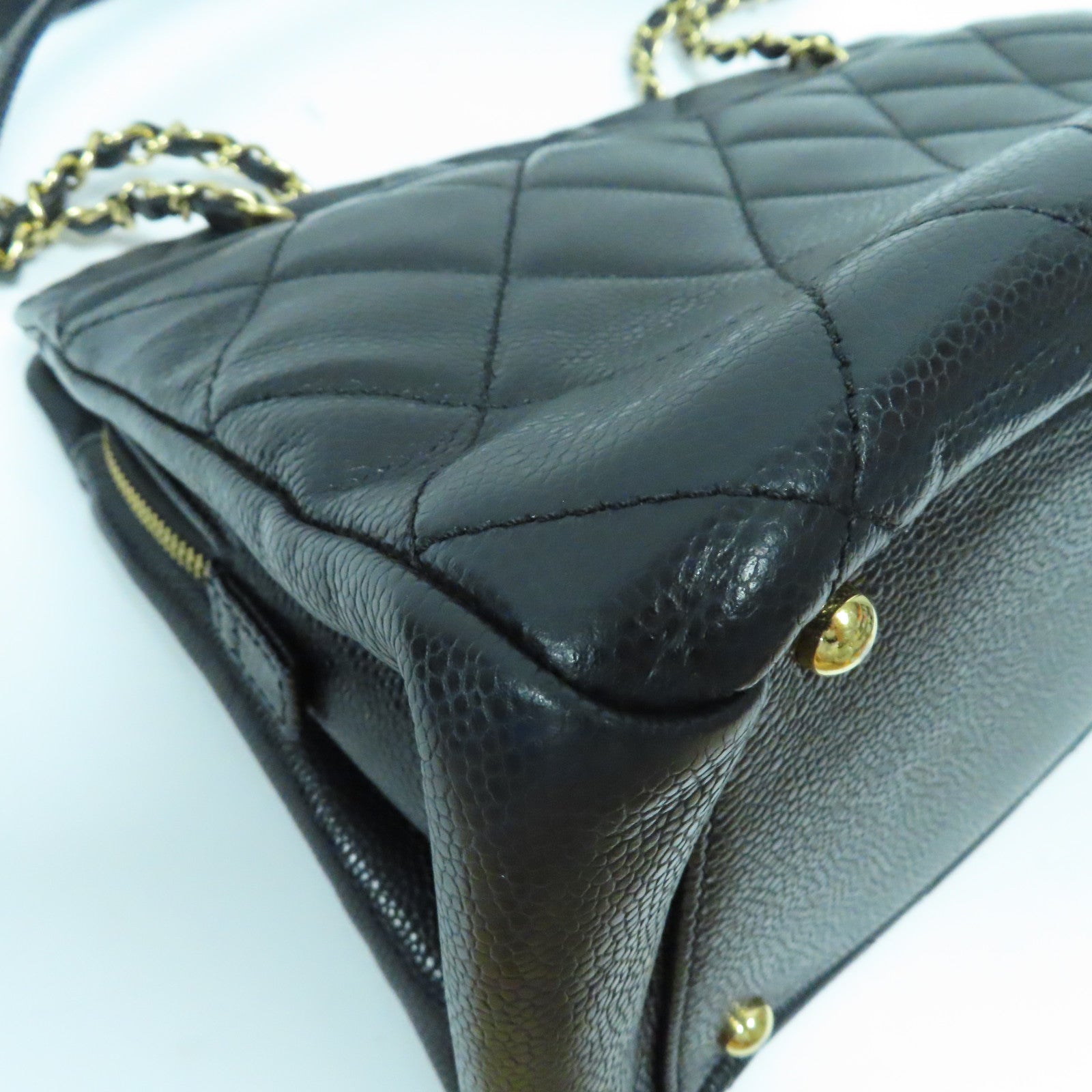 CHANEL 菱格Caviar皮革Tote Bag金扣鏈帶肩背袋黑色
