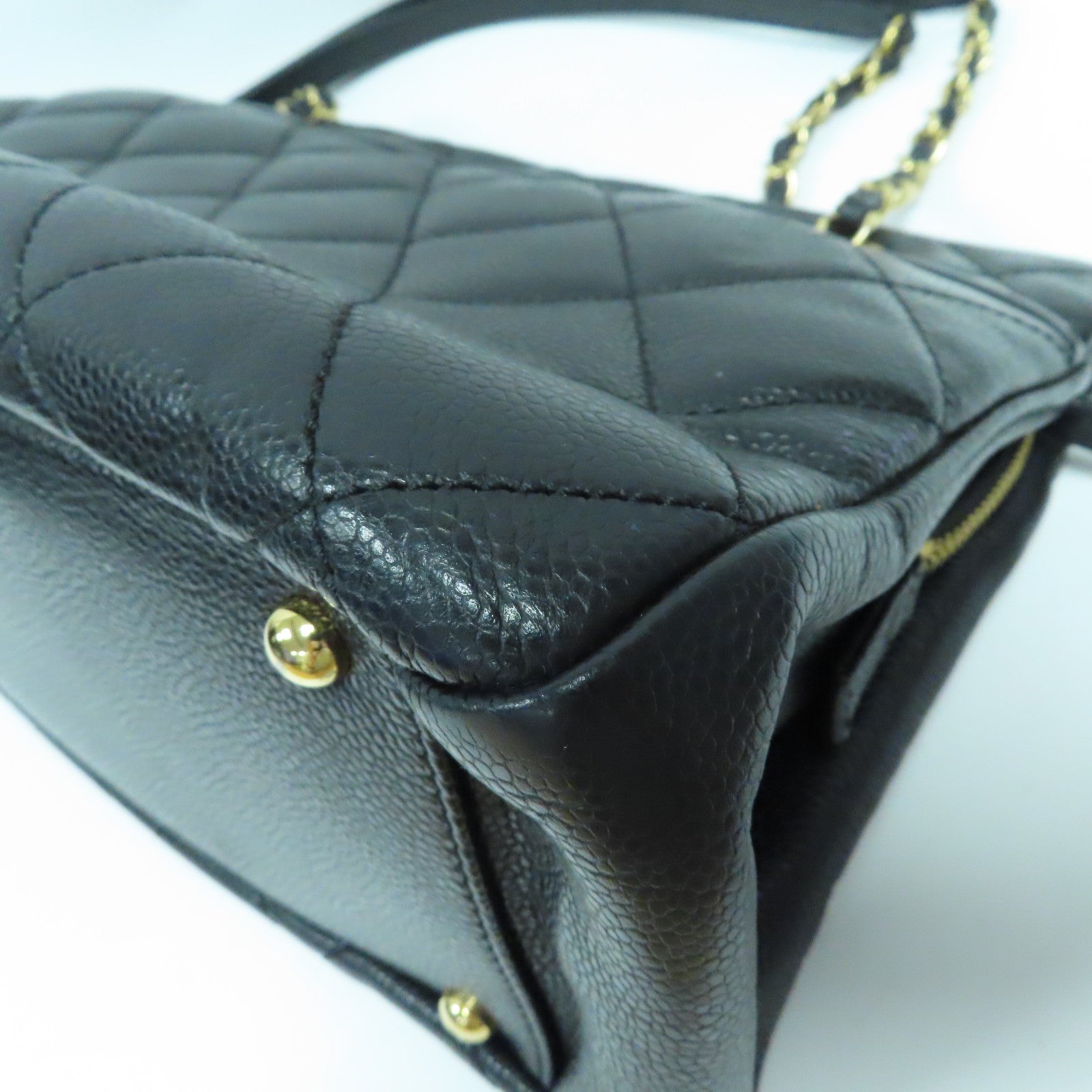 CHANEL 菱格Caviar皮革Tote Bag金扣鏈帶肩背袋黑色