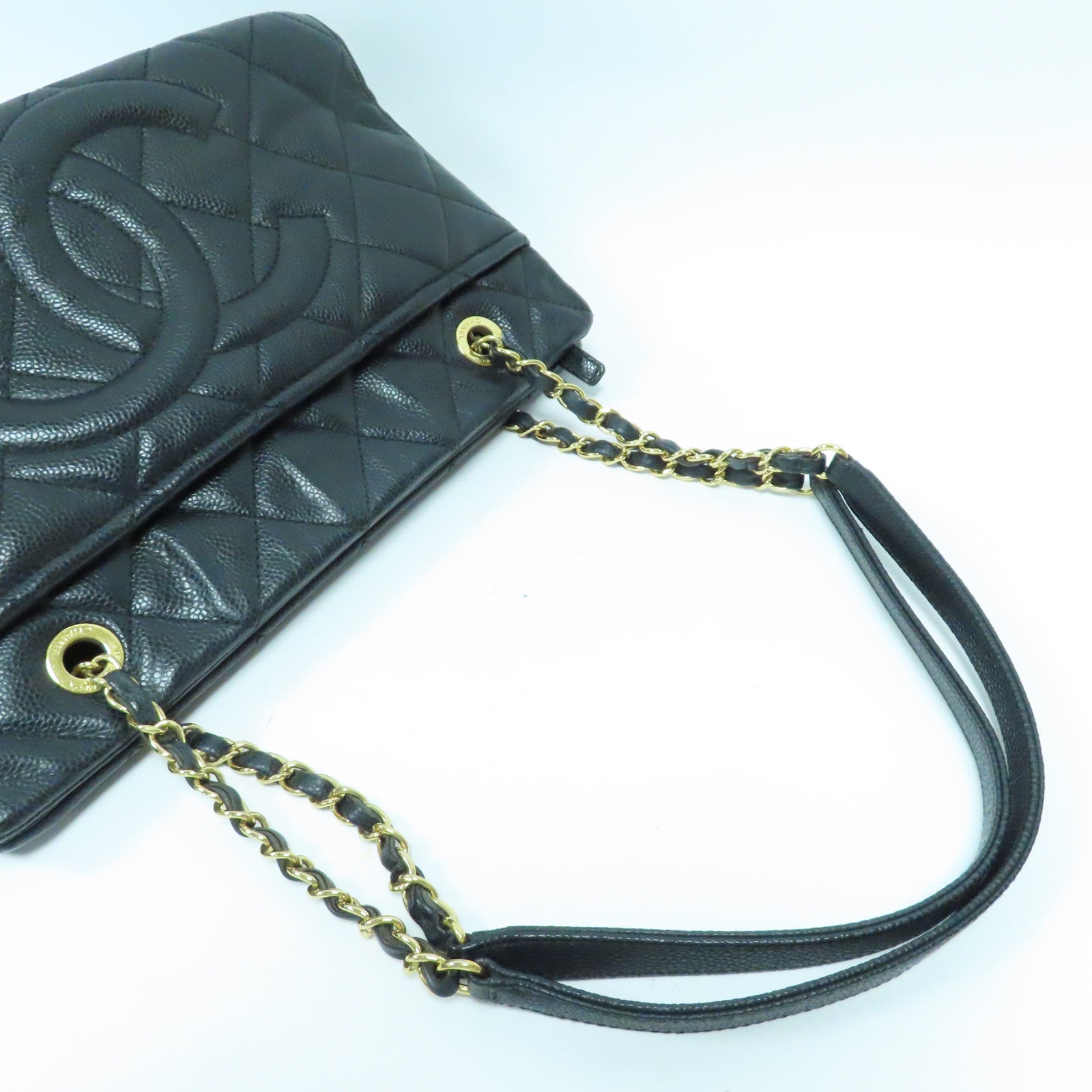 CHANEL 菱格Caviar皮革Tote Bag金扣鏈帶肩背袋黑色
