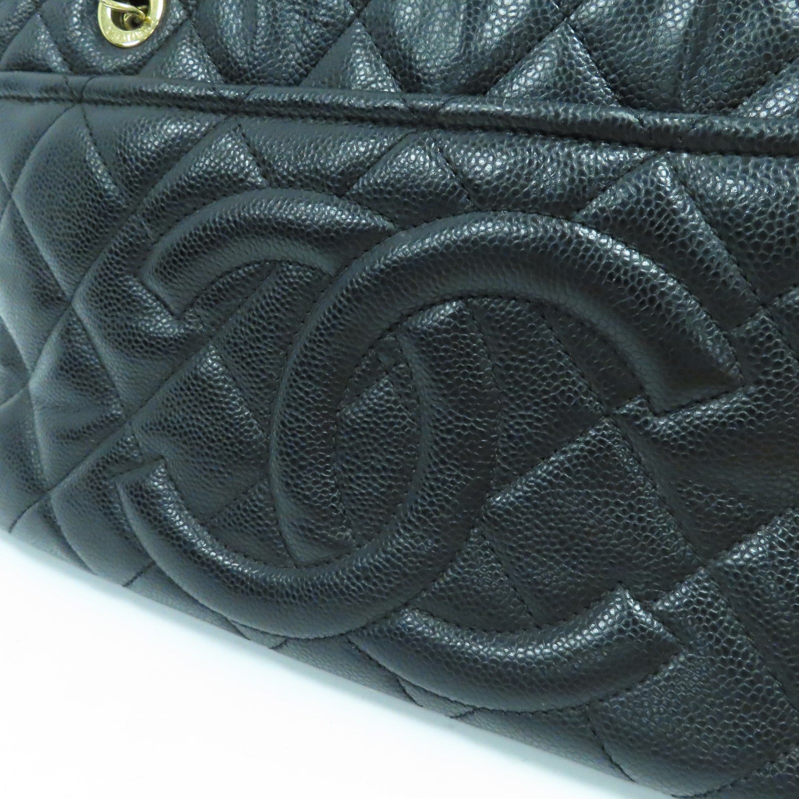CHANEL 菱格Caviar皮革Tote Bag金扣鏈帶肩背袋黑色