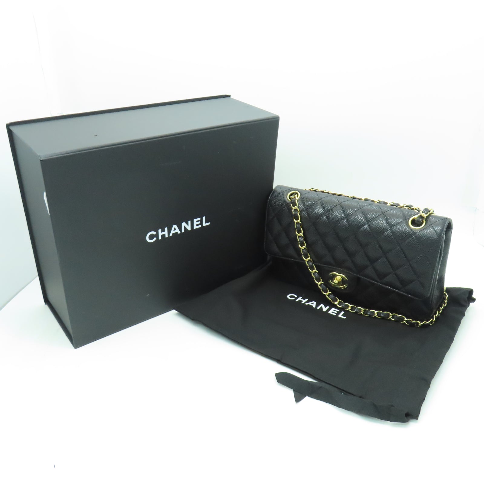CHANEL 菱格Caviar皮革Chain Shoulder金扣鏈帶肩背袋黑色