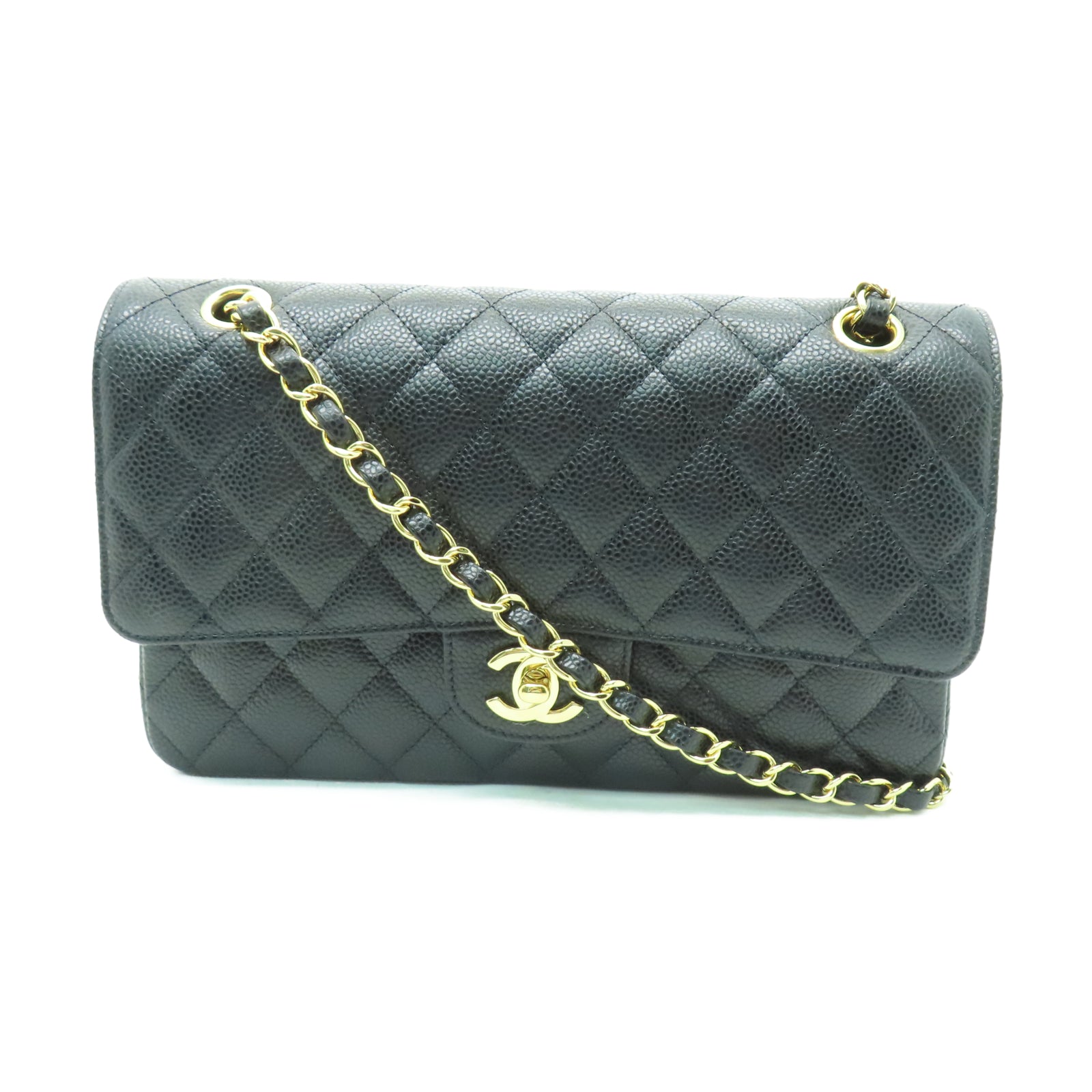 CHANEL 菱格Caviar皮革Chain Shoulder金扣鏈帶肩背袋黑色