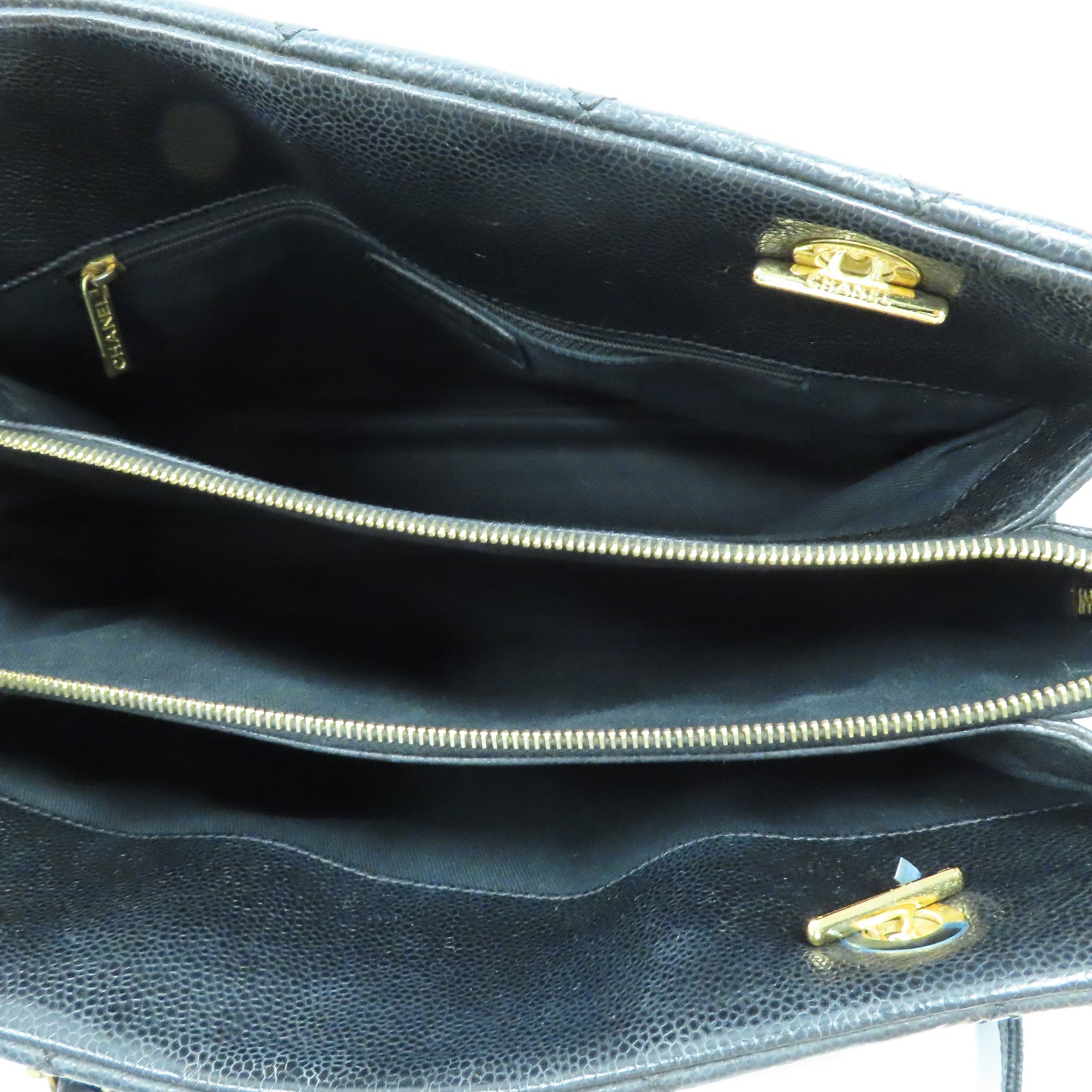 CHANEL 菱格Caviar皮革Tote Bag金扣鏈帶肩背袋黑色