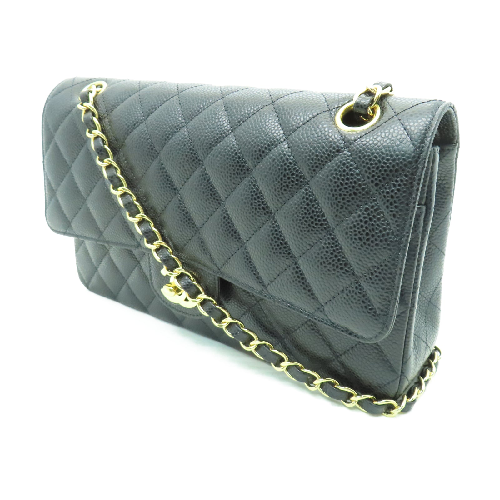 CHANEL 菱格Caviar皮革Chain Shoulder金扣鏈帶肩背袋黑色