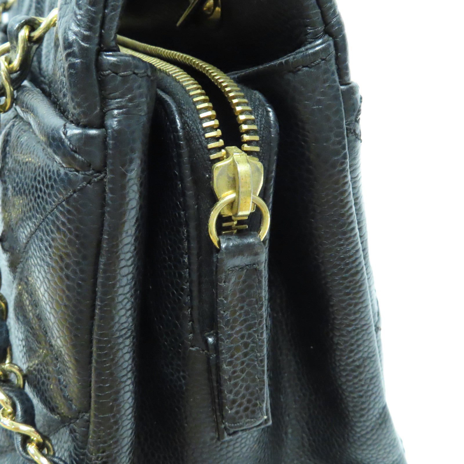 CHANEL 菱格Caviar皮革Tote Bag金扣鏈帶肩背袋黑色