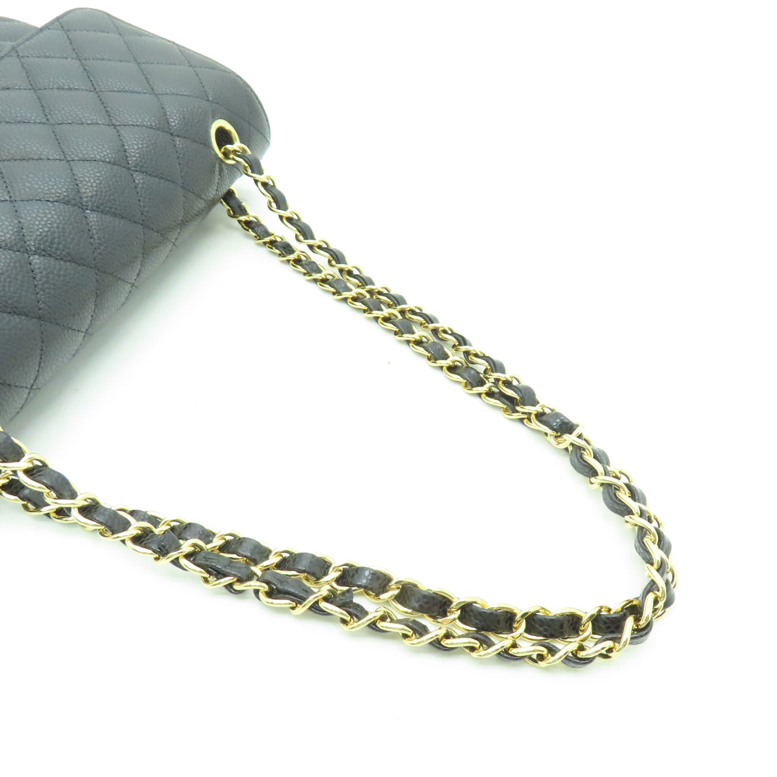 CHANEL 菱格Caviar皮革Chain Shoulder金扣鏈帶肩背袋黑色