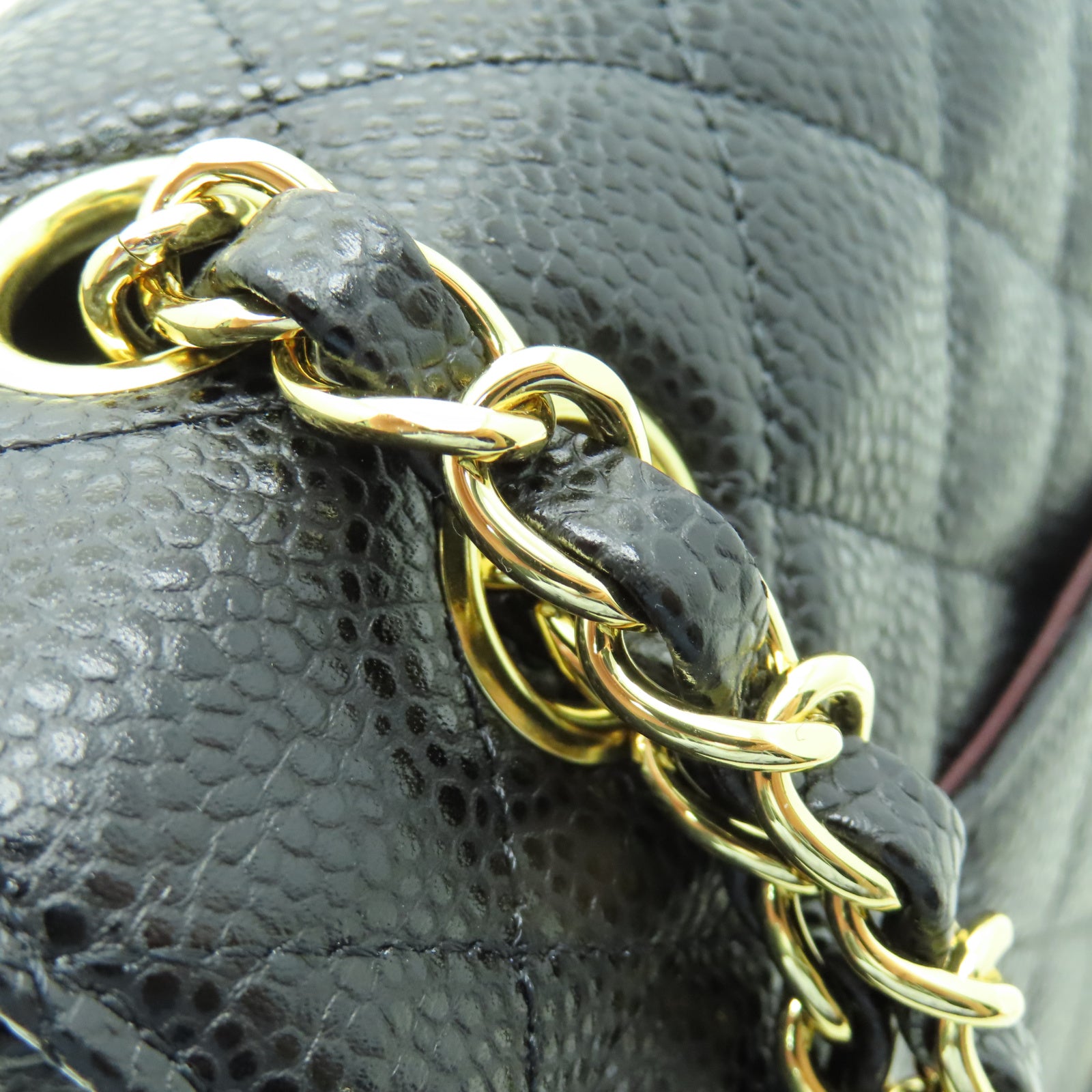 CHANEL 菱格Caviar皮革Chain Shoulder金扣鏈帶肩背袋黑色