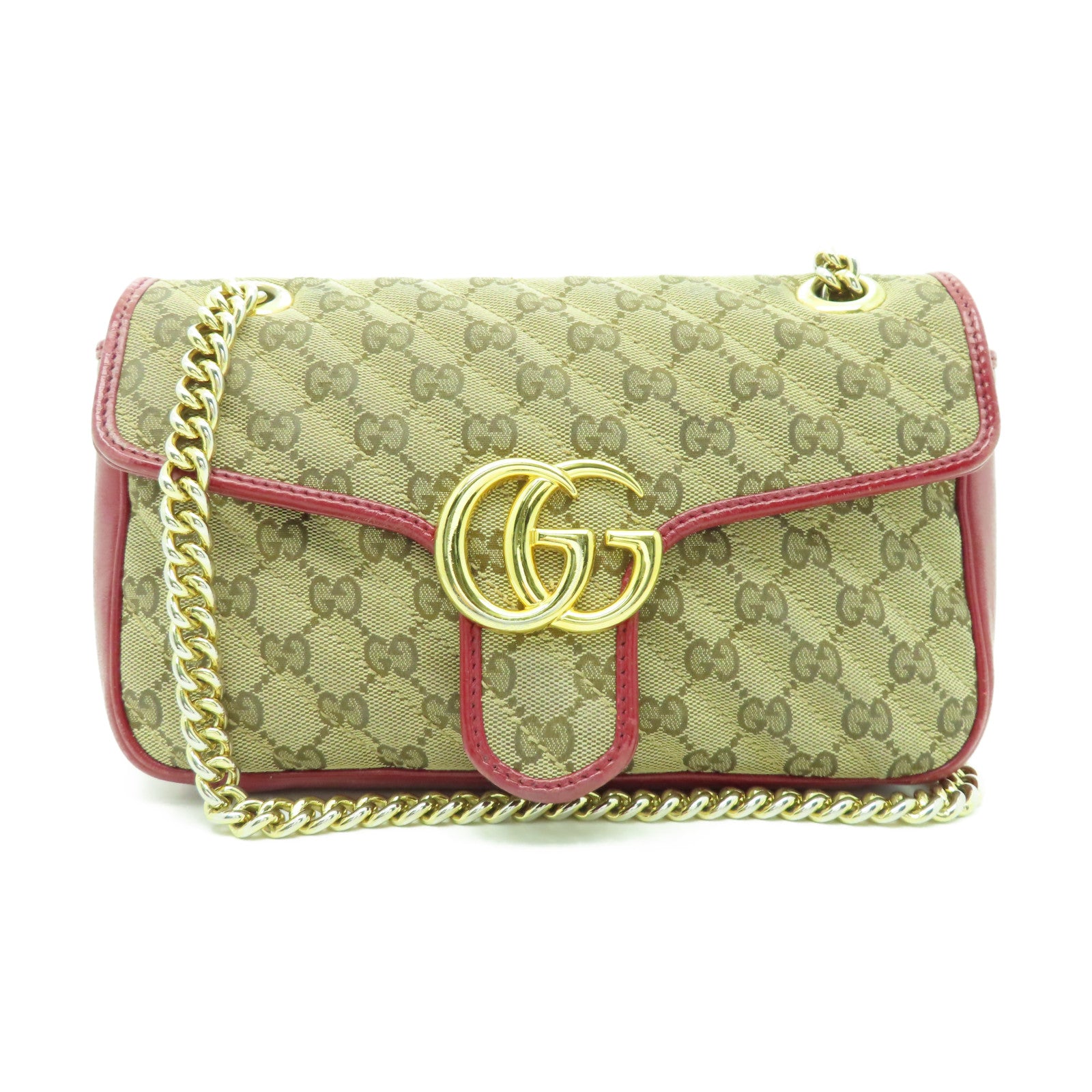 GUCCI 帆布Shoulder Bag金扣鏈帶肩背袋啡色/紅色