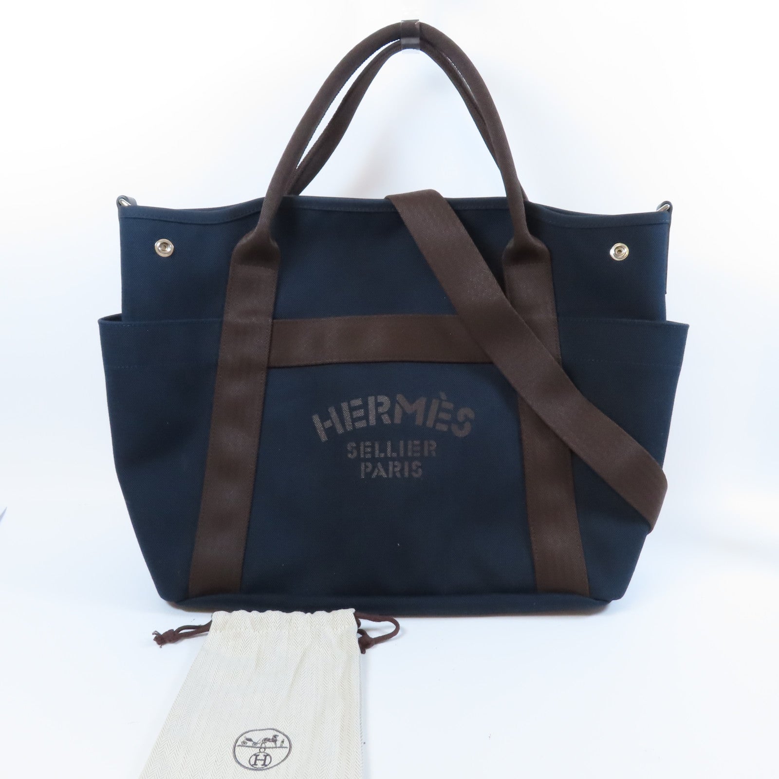HERMES 帆布Sac De Pansage Groom銀扣手挽肩背兩用袋海軍藍色