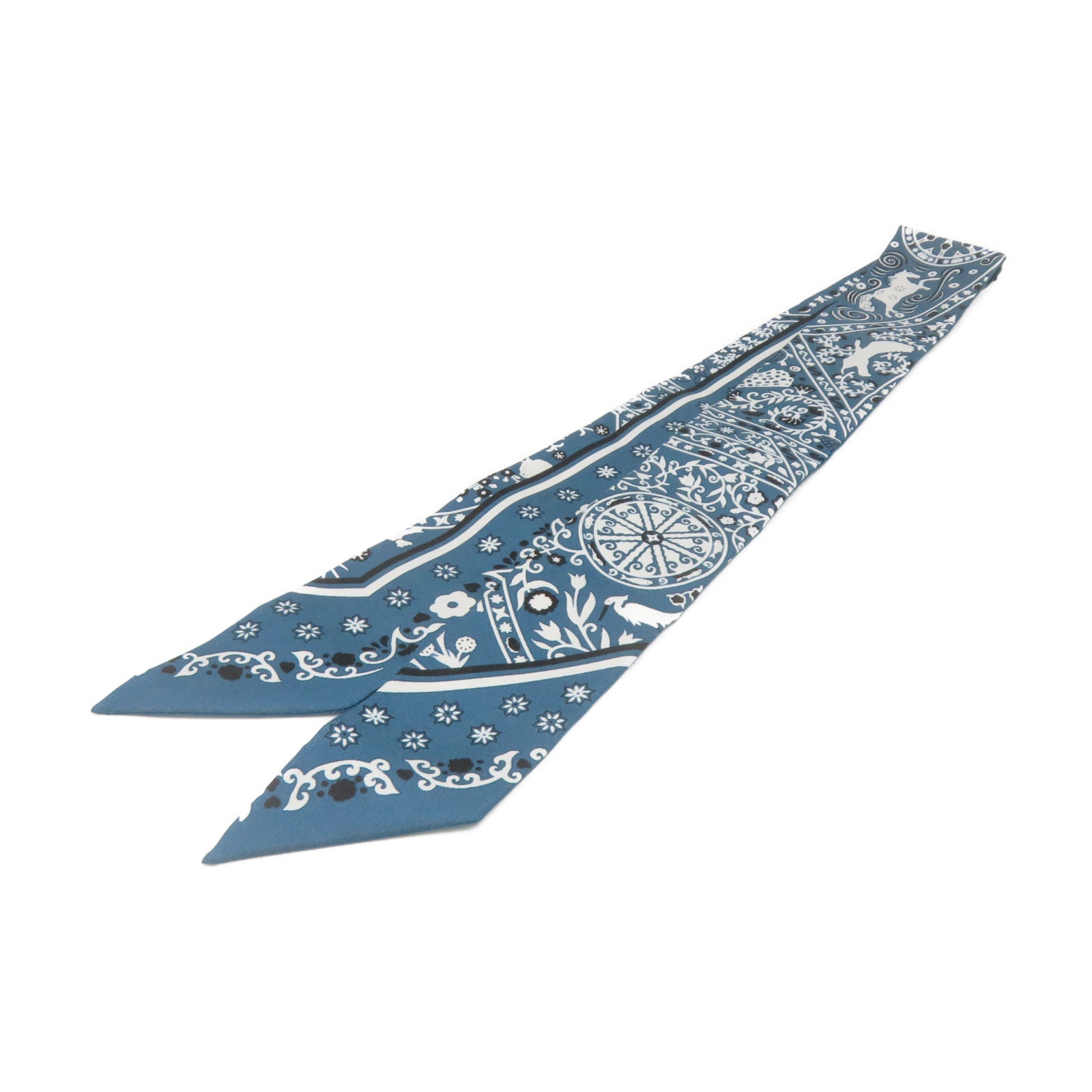 HERMES 絲質Twilly Scarf絲巾綠藍色/白色/黑色