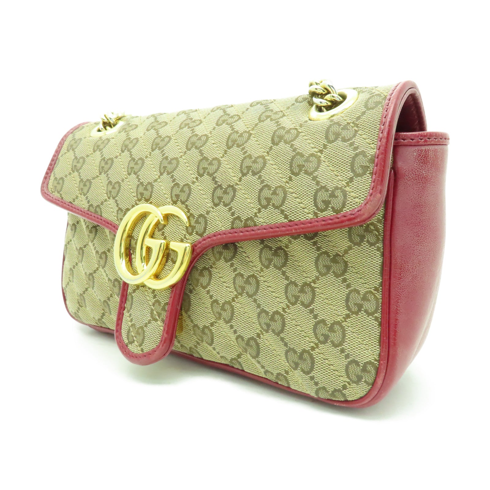GUCCI 帆布Shoulder Bag金扣鏈帶肩背袋啡色/紅色