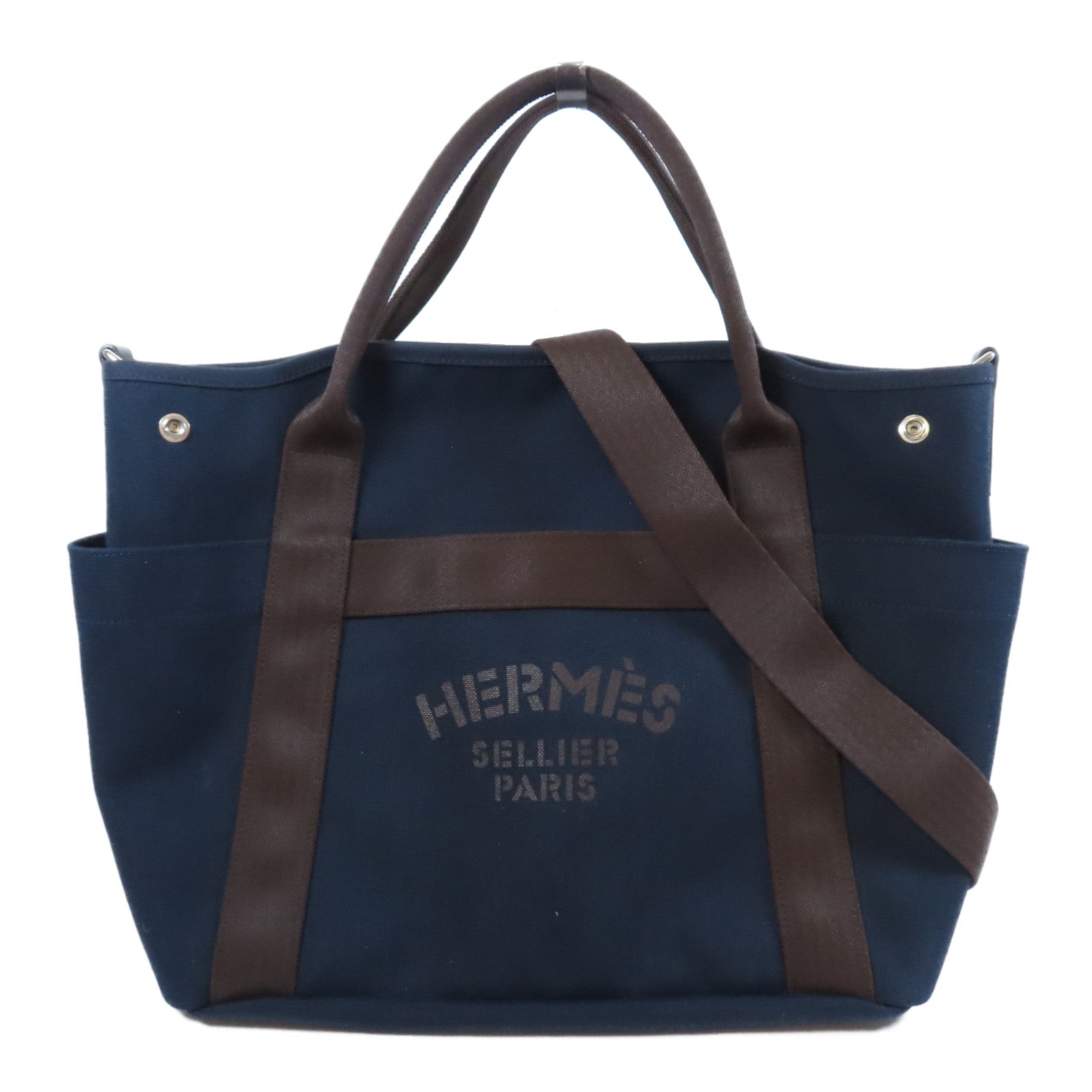 HERMES 帆布Sac De Pansage Groom銀扣手挽肩背兩用袋海軍藍色