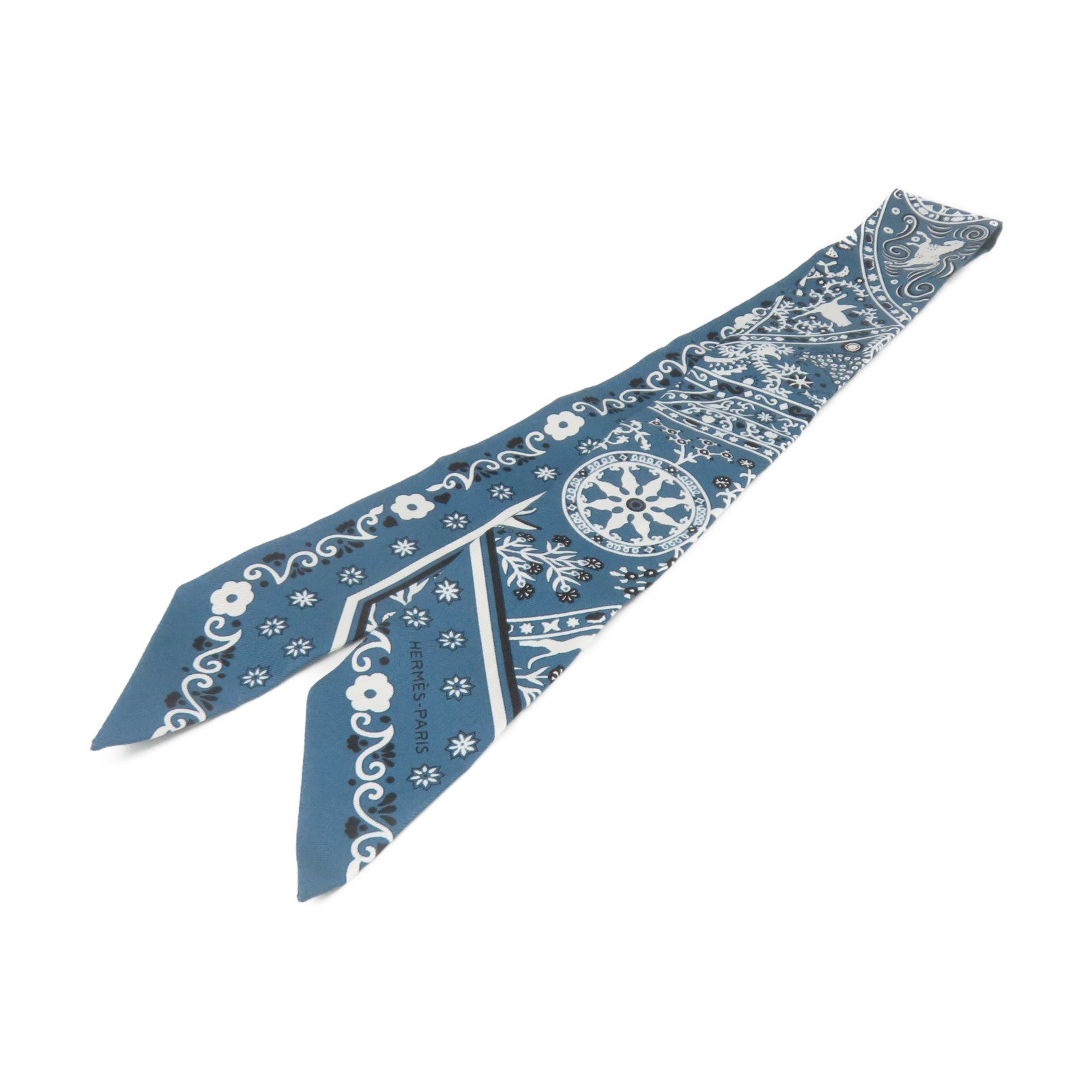 HERMES 絲質Twilly Scarf絲巾綠藍色/白色/黑色