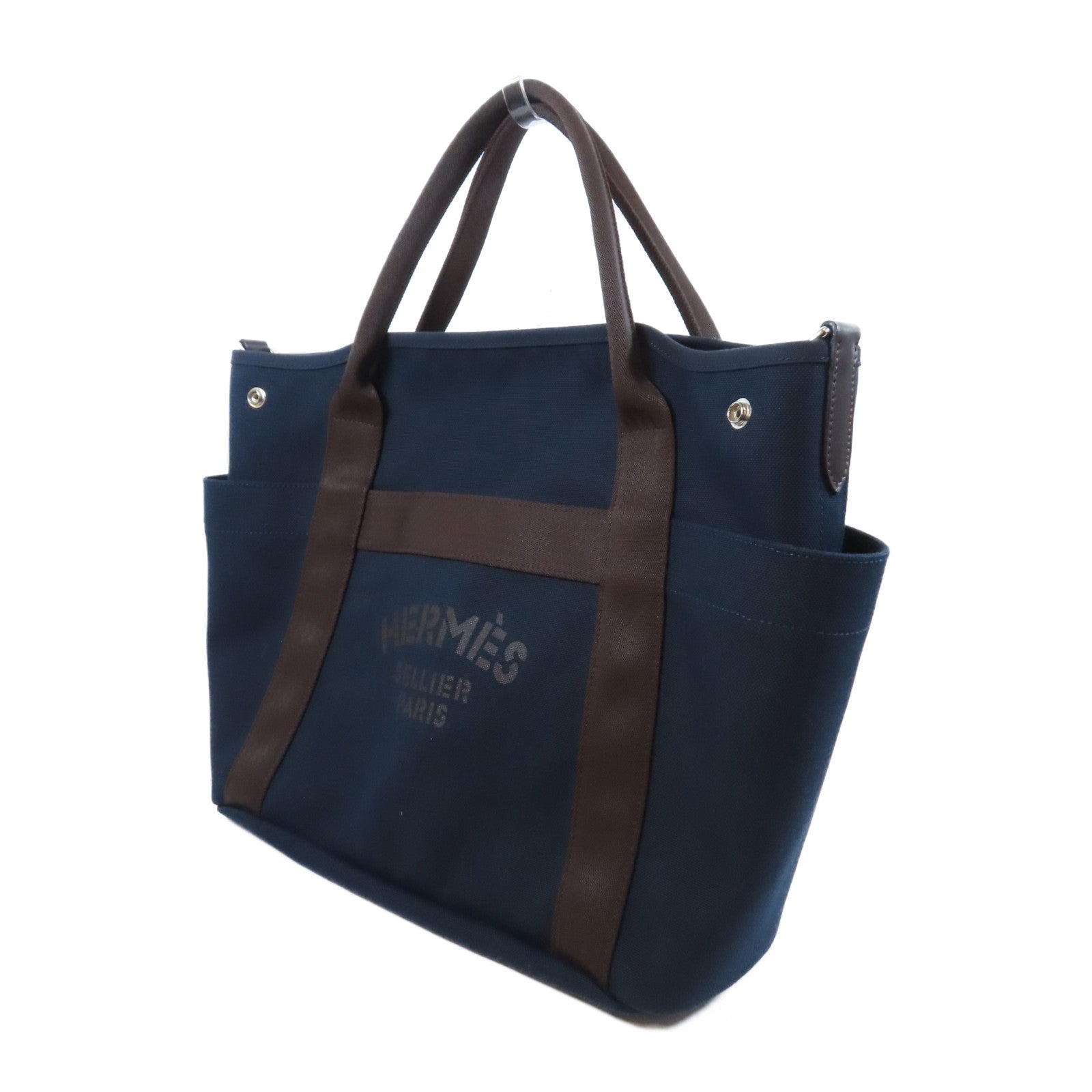 HERMES 帆布Sac De Pansage Groom銀扣手挽肩背兩用袋海軍藍色