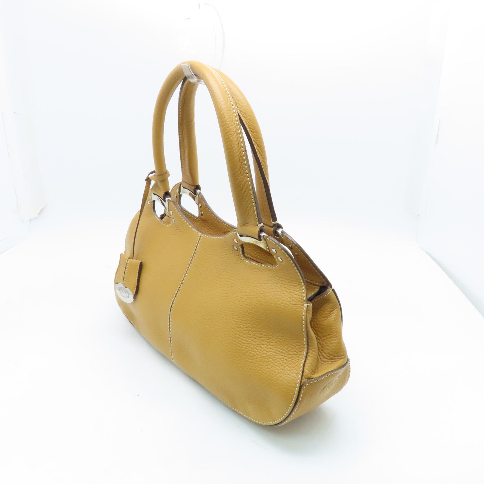 TOD'S Cowhide Leather Hand Bag Gold Buckle Hand Bag Brown