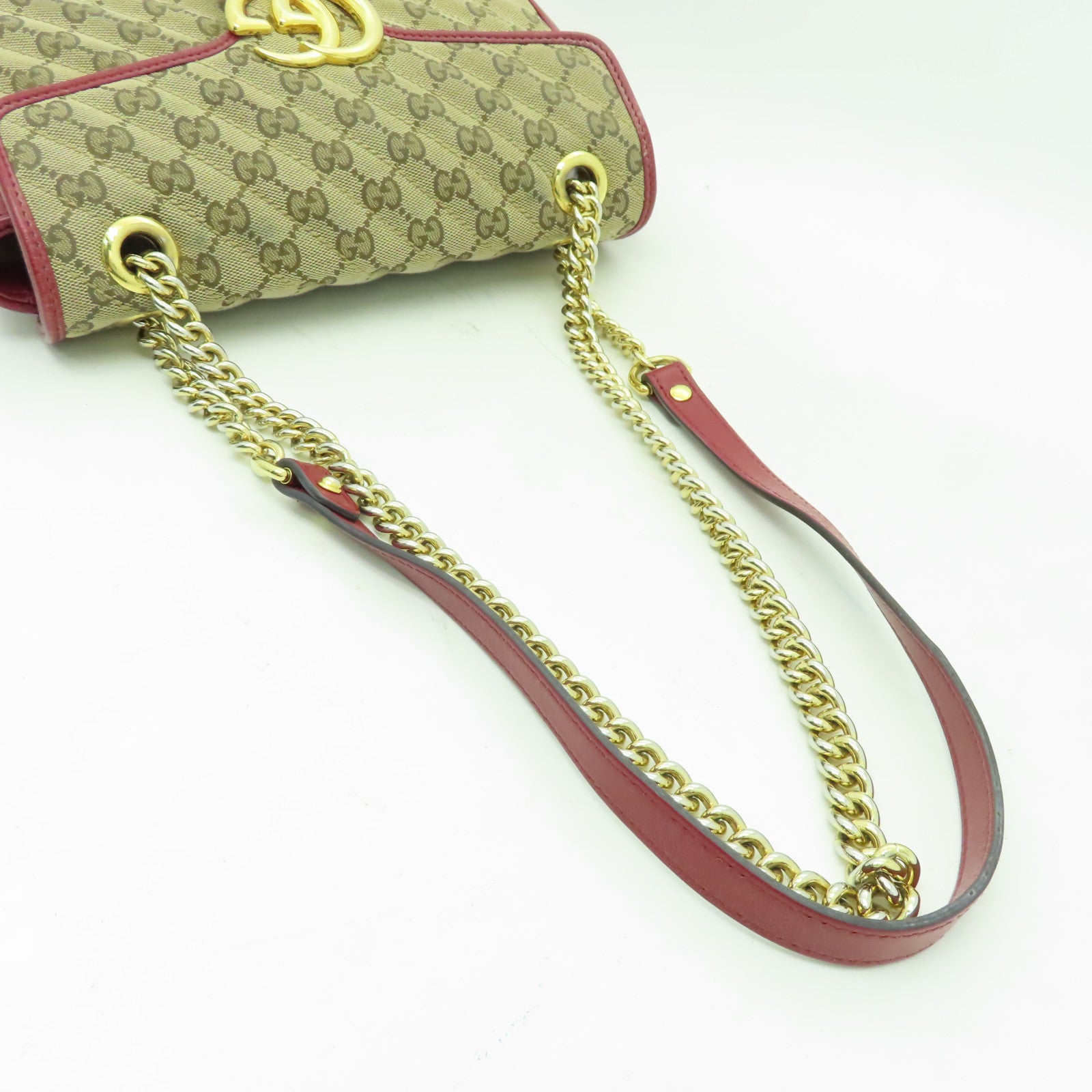 GUCCI 帆布Shoulder Bag金扣鏈帶肩背袋啡色/紅色