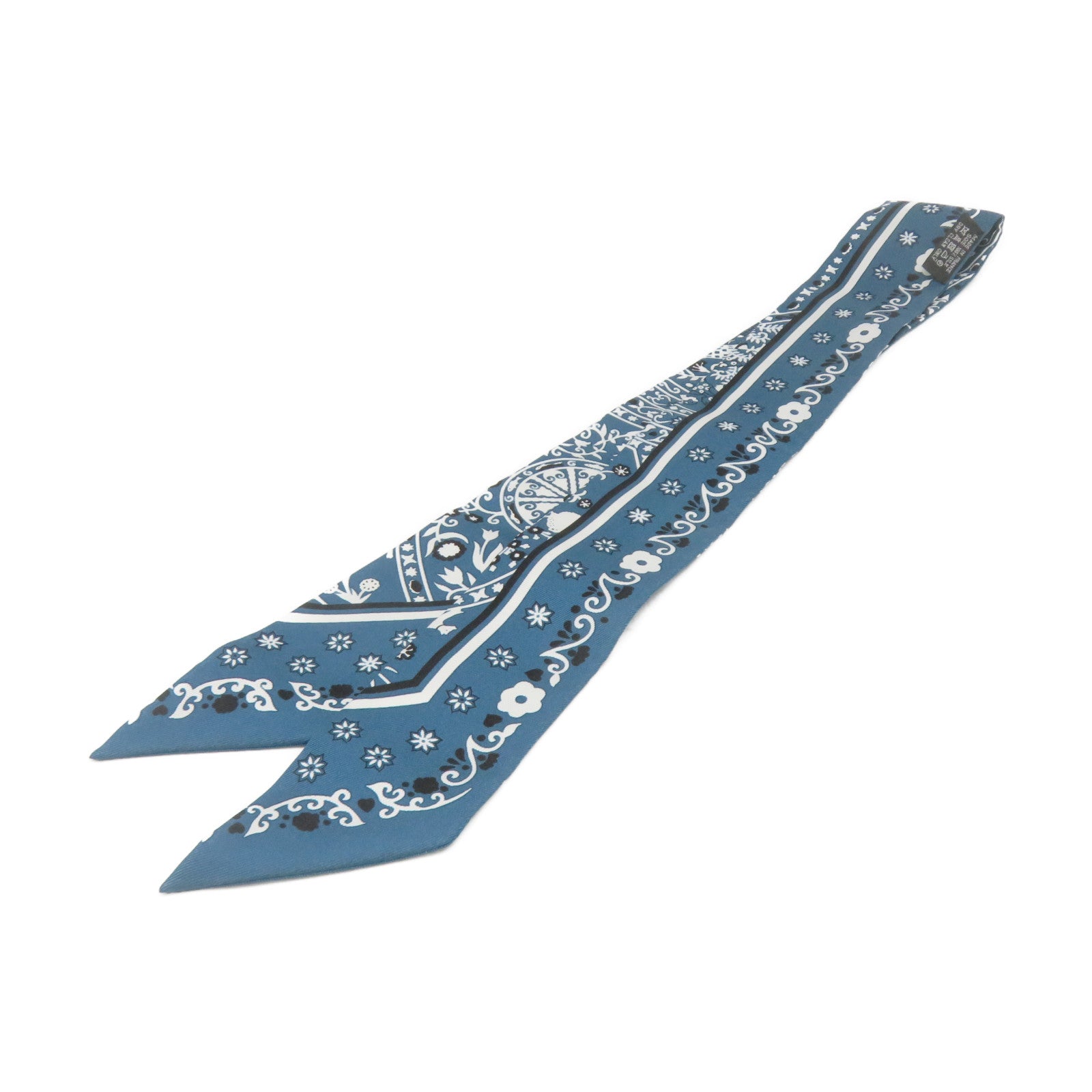 HERMES 絲質Twilly Scarf絲巾綠藍色/白色/黑色