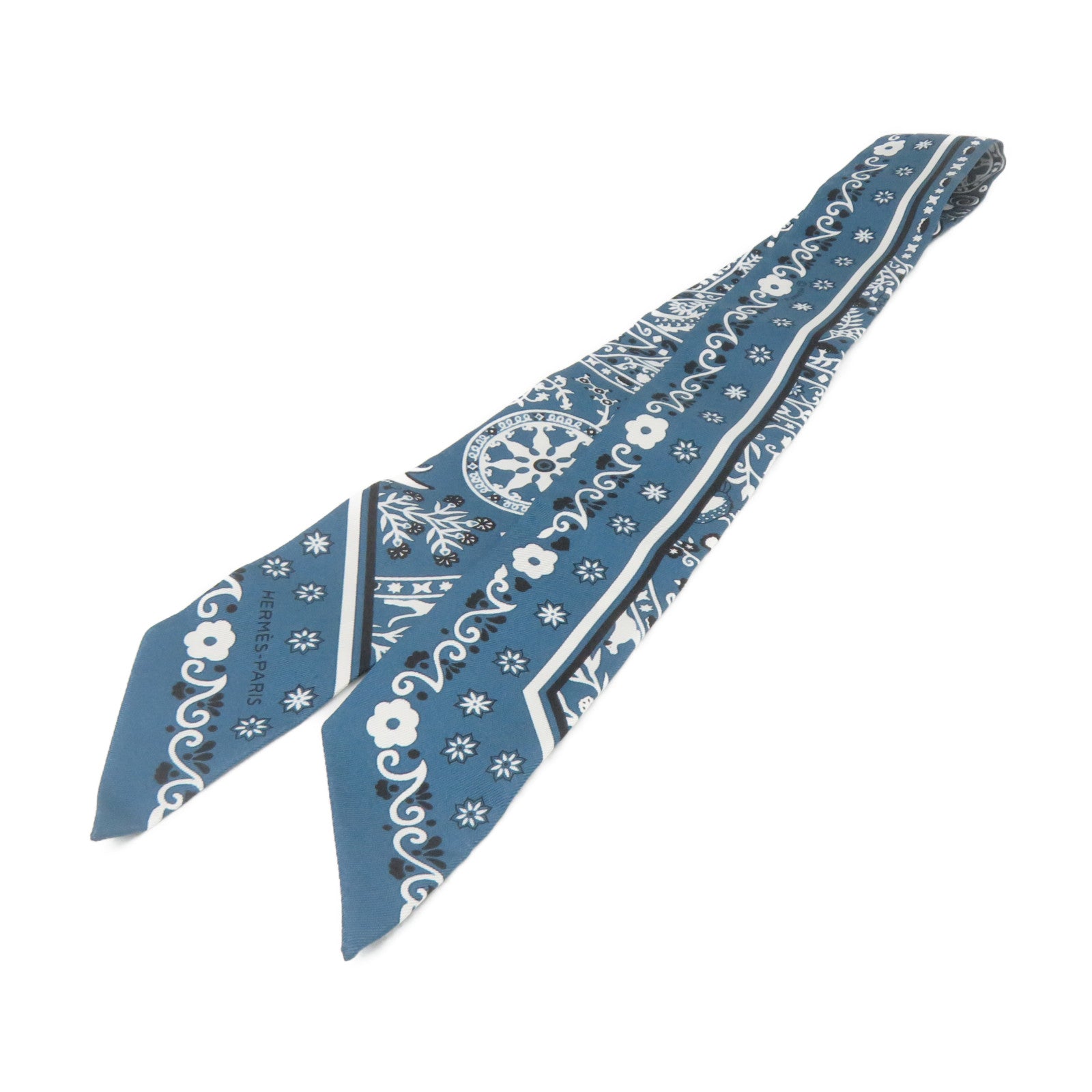 HERMES 絲質Twilly Scarf絲巾綠藍色/白色/黑色