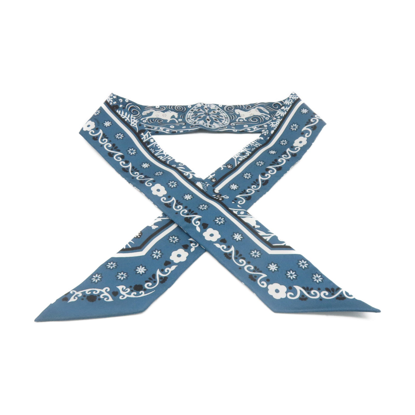 HERMES 絲質Twilly Scarf絲巾綠藍色/白色/黑色