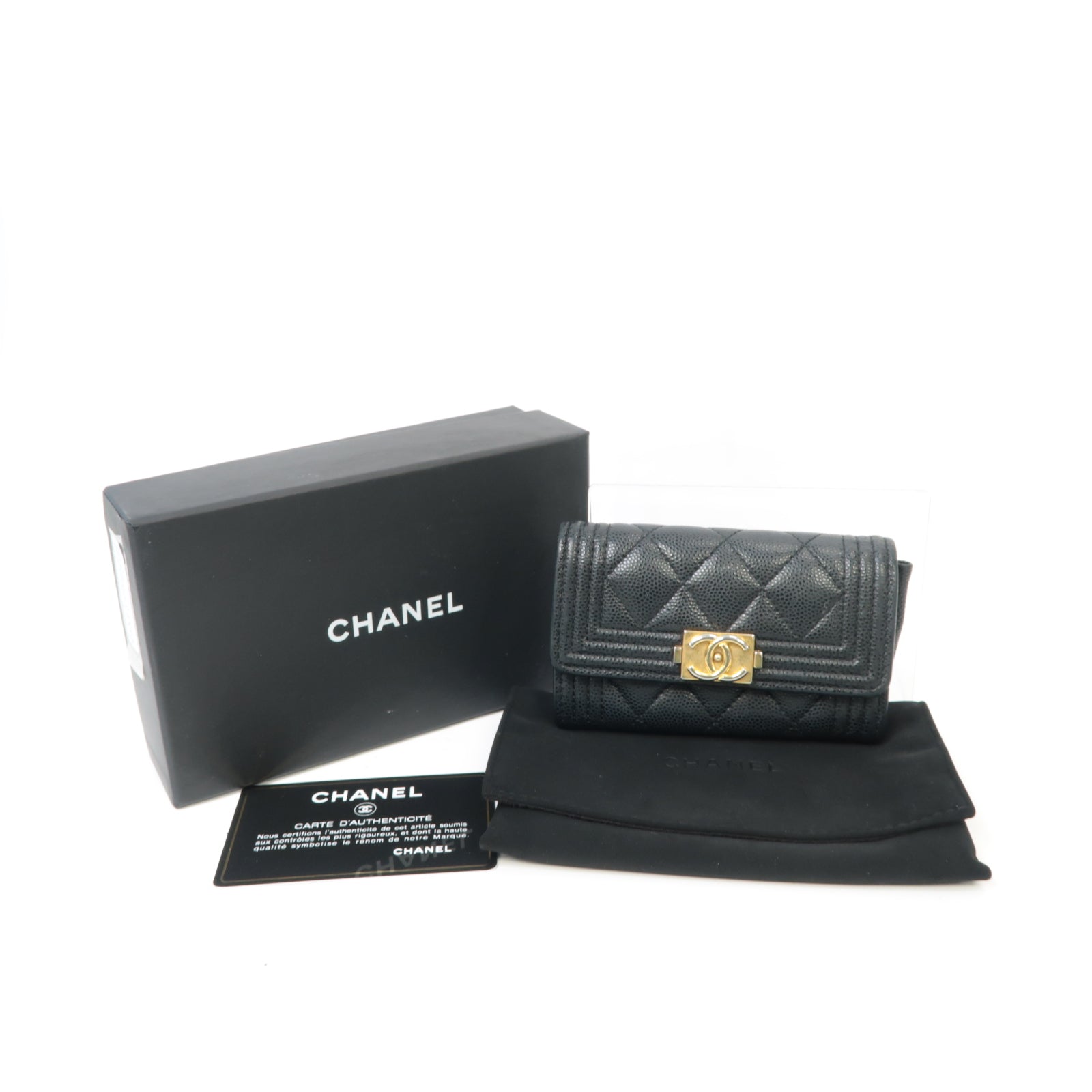 CHANEL 菱格Caviar皮革Card Case金扣卡片套黑色