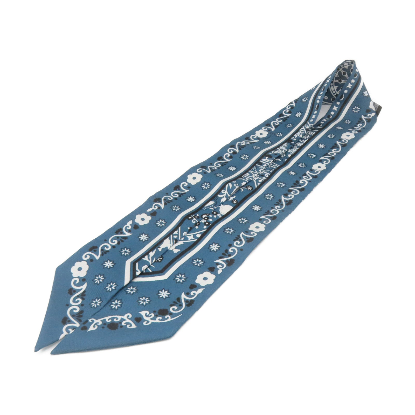 HERMES 絲質Twilly Scarf絲巾綠藍色/白色/黑色