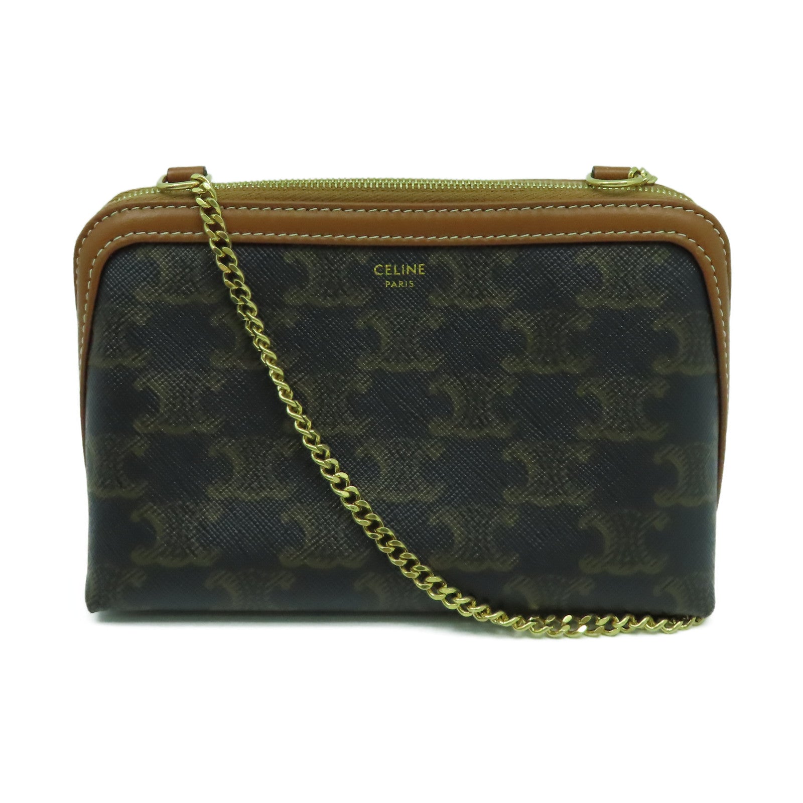 CELINE 塗層帆布Shoulder Bag金扣鏈帶肩背袋啡色