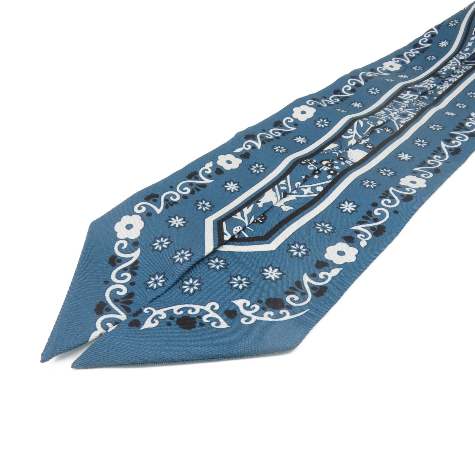 HERMES 絲質Twilly Scarf絲巾綠藍色/白色/黑色