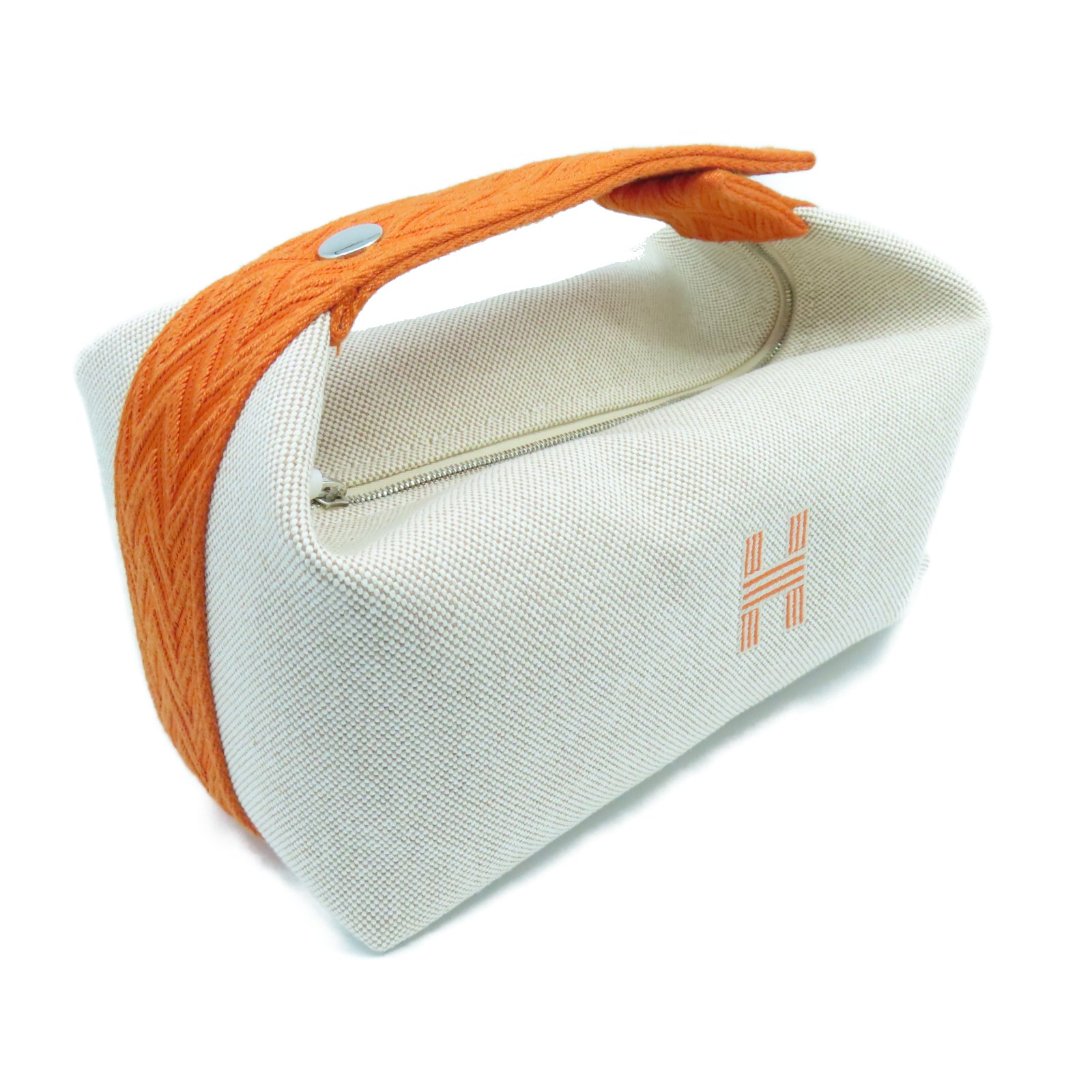 HERMES Toile H Hand Bag銀扣手挽袋白色/橙色