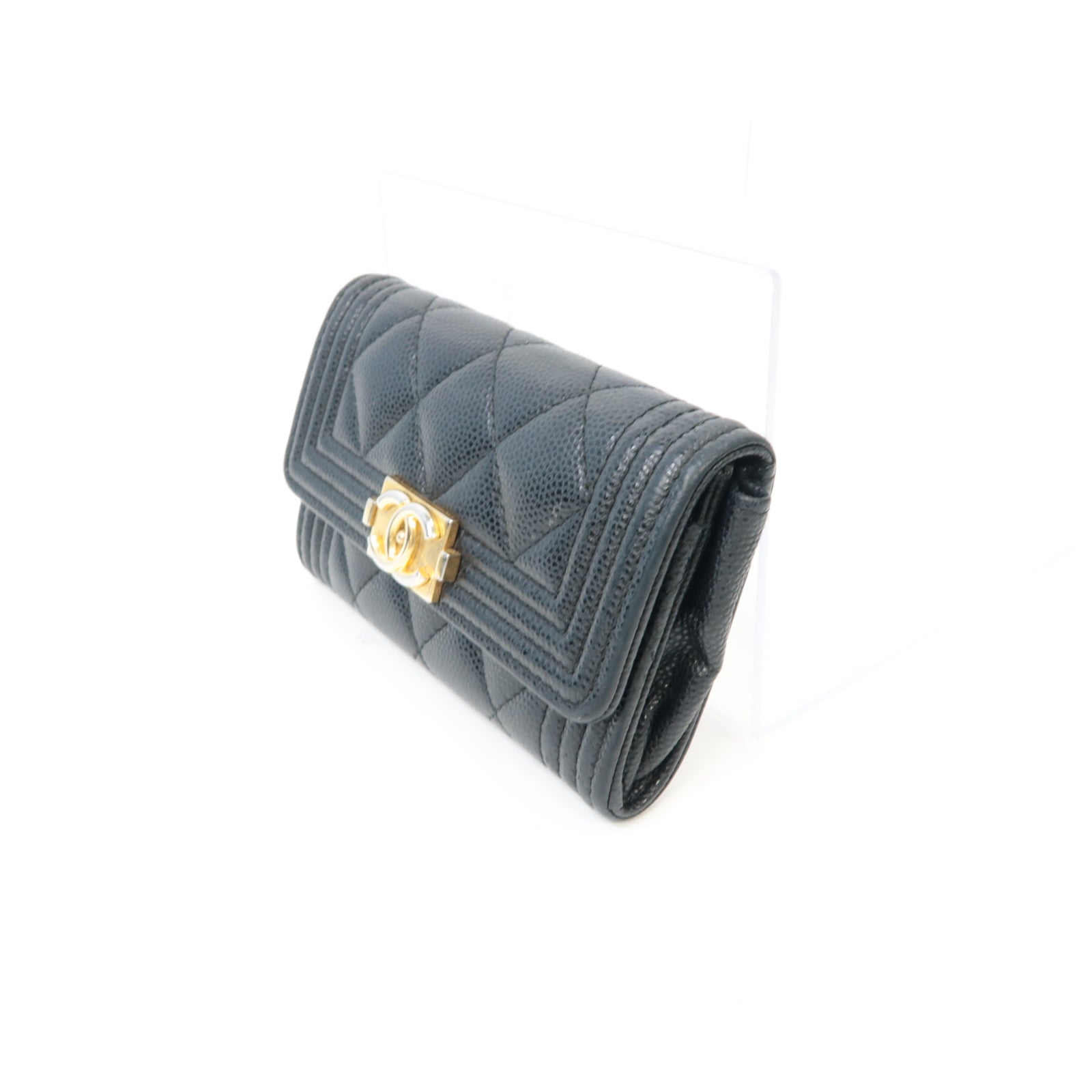 CHANEL 菱格Caviar皮革Card Case金扣卡片套黑色