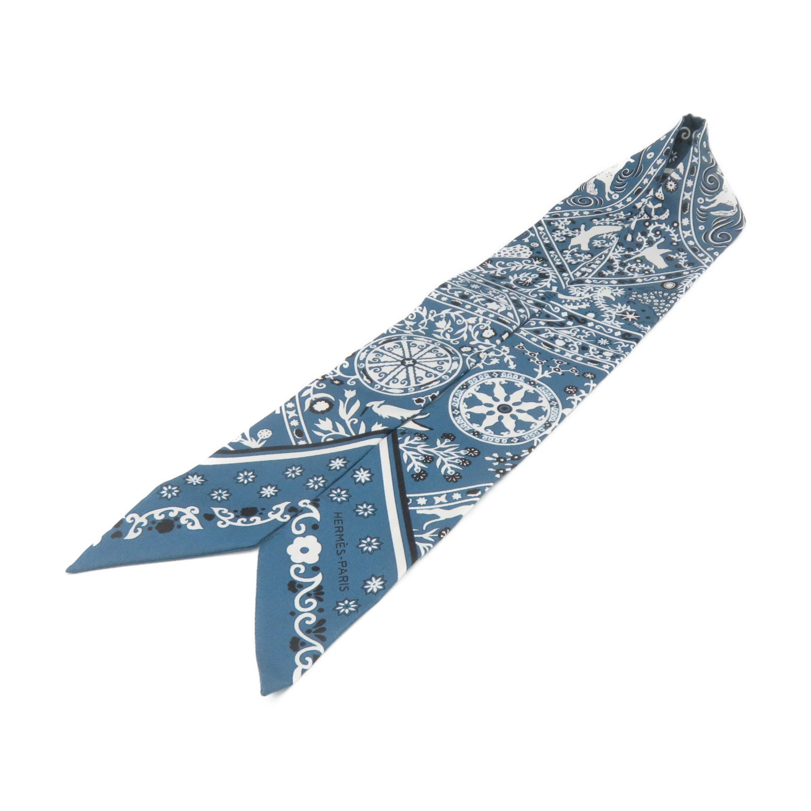 HERMES 絲質Twilly Scarf絲巾綠藍色/白色/黑色