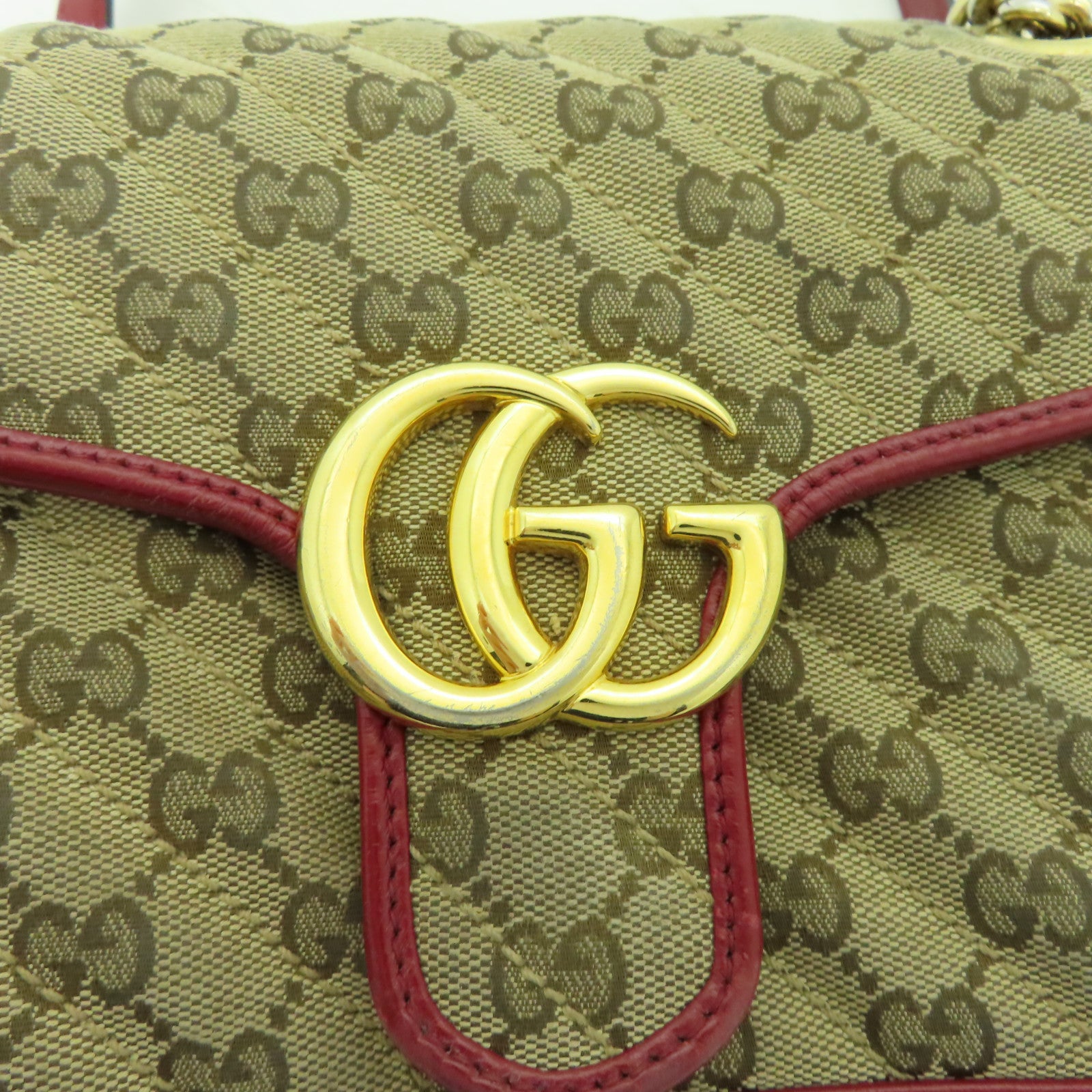GUCCI 帆布Shoulder Bag金扣鏈帶肩背袋啡色/紅色