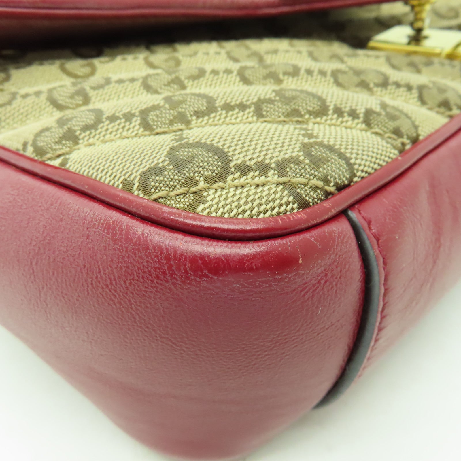 GUCCI 帆布Shoulder Bag金扣鏈帶肩背袋啡色/紅色